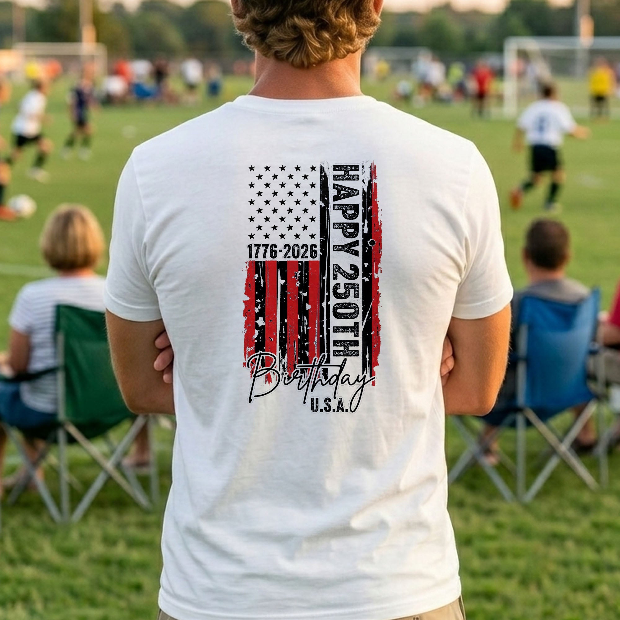Personalized 250th Birthday USA Flag T-Shirt Custom Gift T-Shirt Font and Back GradoCreations