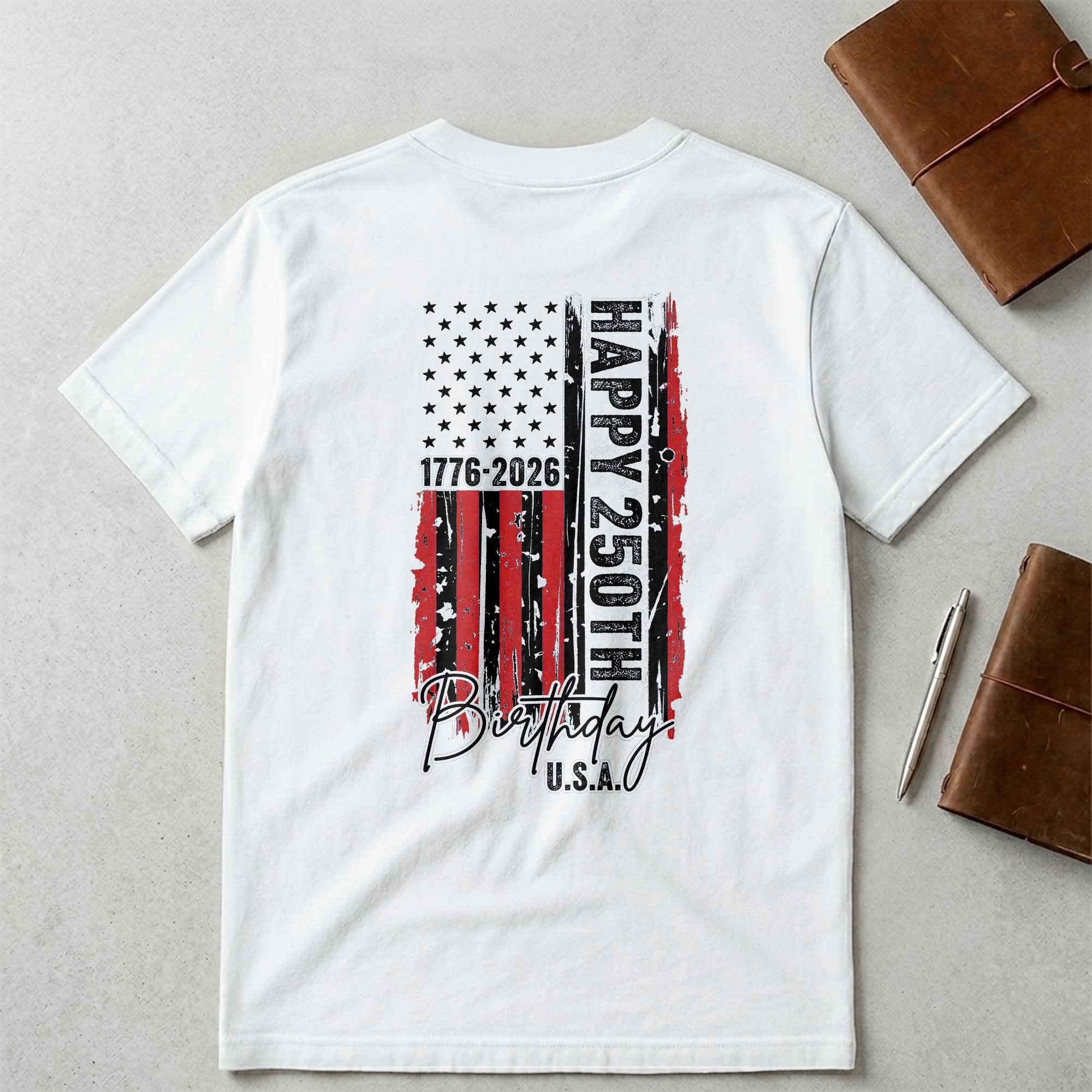 Personalized 250th Birthday USA Flag T-Shirt Custom Gift T-Shirt Font and Back GradoCreations