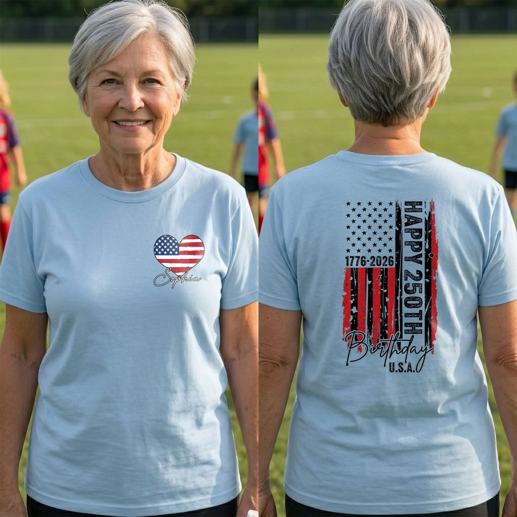 Personalized 250th Birthday USA Flag T-Shirt Custom Gift T-Shirt Font and Back GradoCreations