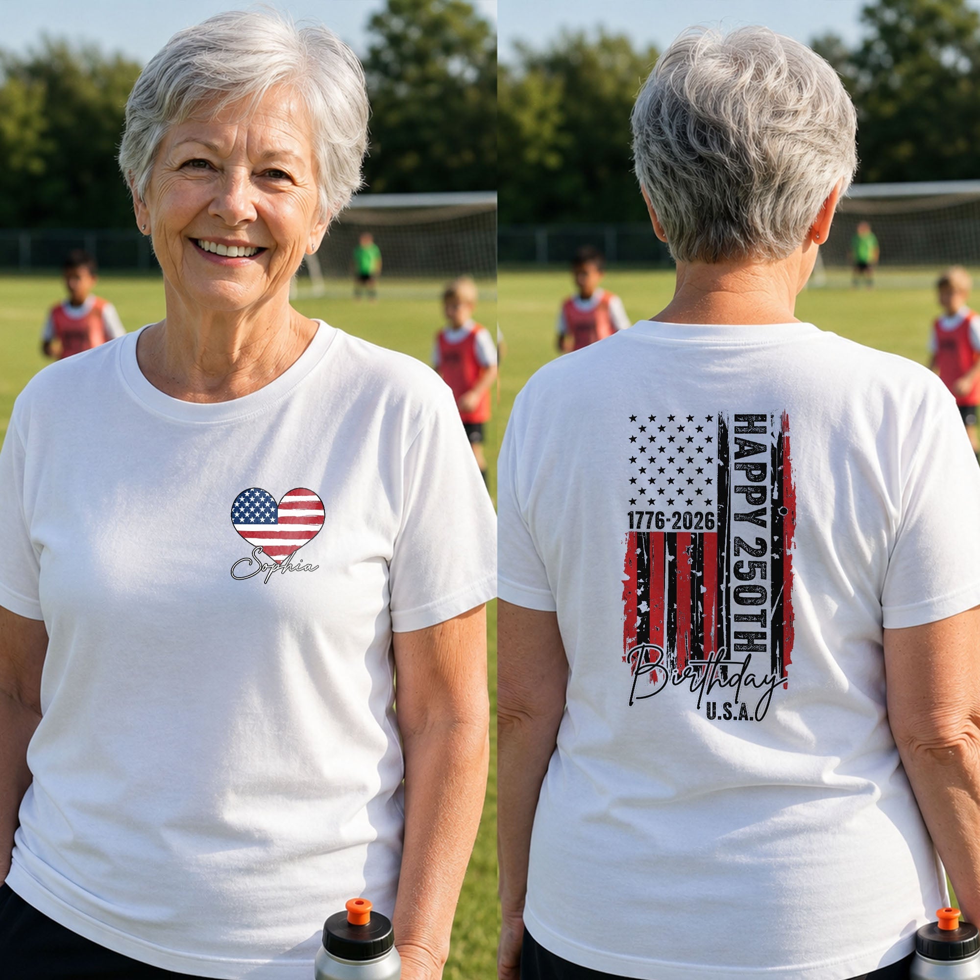 Personalized 250th Birthday USA Flag T-Shirt Custom Gift T-Shirt Font and Back GradoCreations