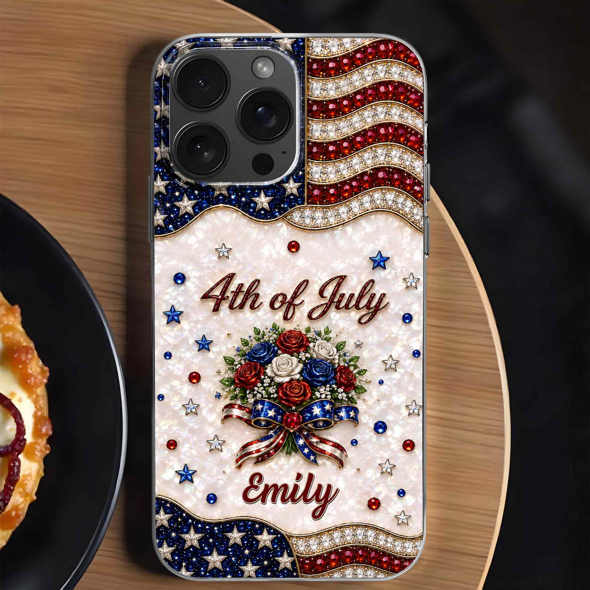 Personalized 4th of July Clear Phone Case with Name - Patriotic Flowers Gift