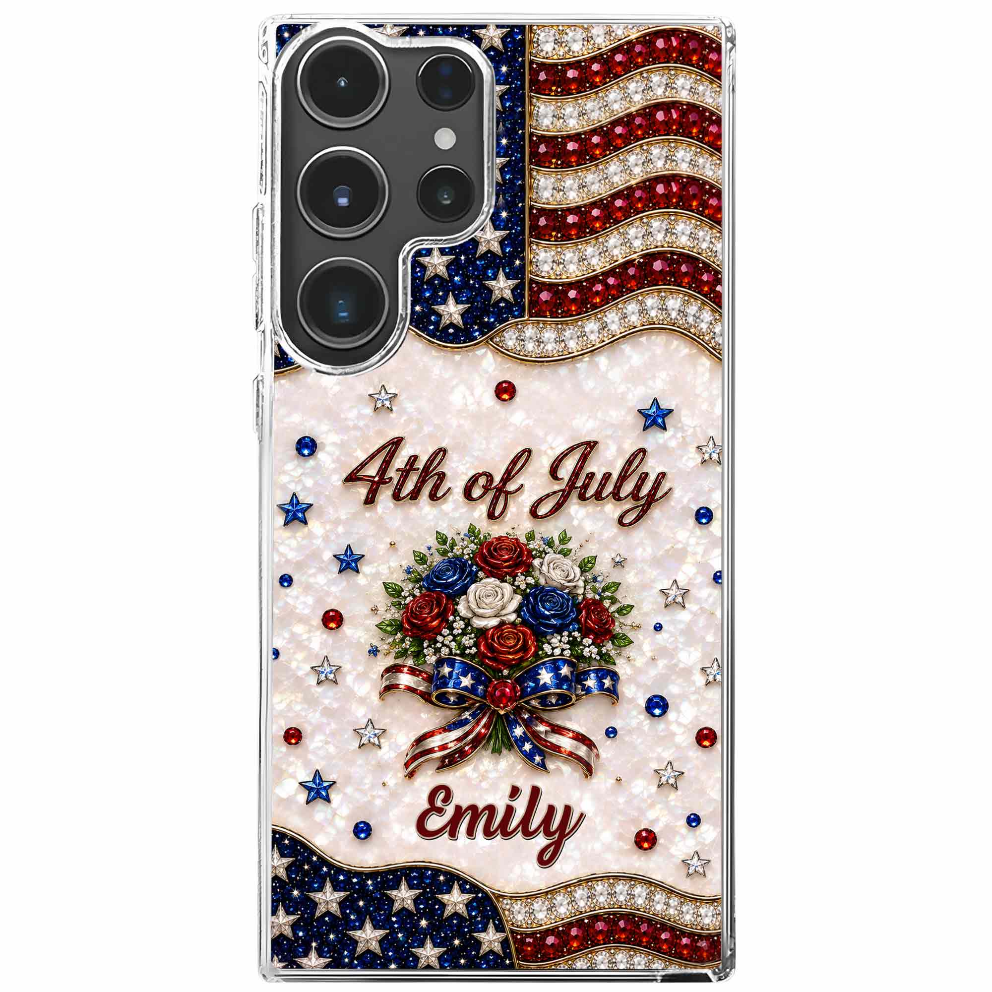 Personalized 4th of July Clear Phone Case with Name - Patriotic Flowers Gift
