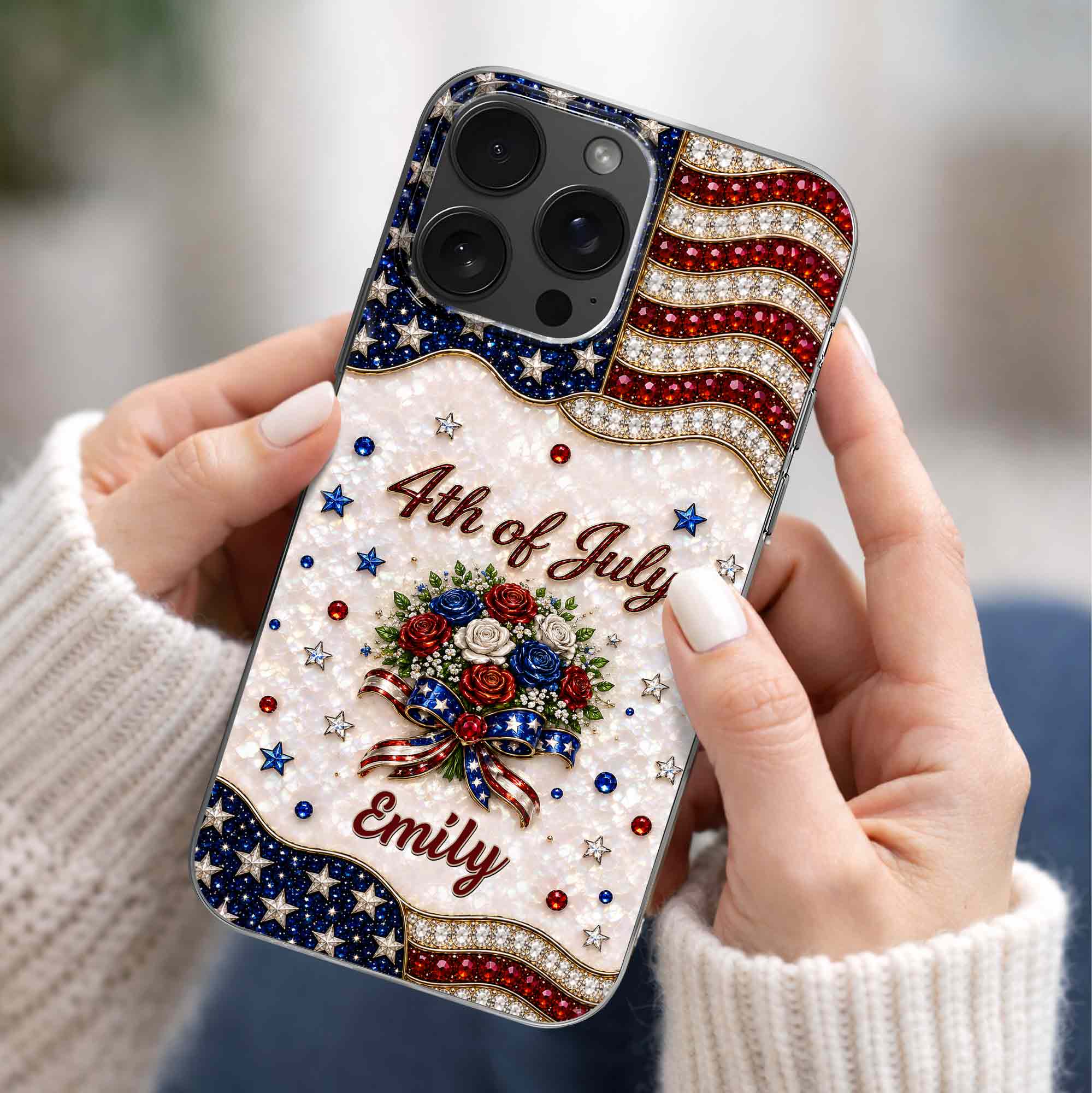 Personalized 4th of July Clear Phone Case with Name - Patriotic Flowers Gift Clear Phone Case GradoCreations