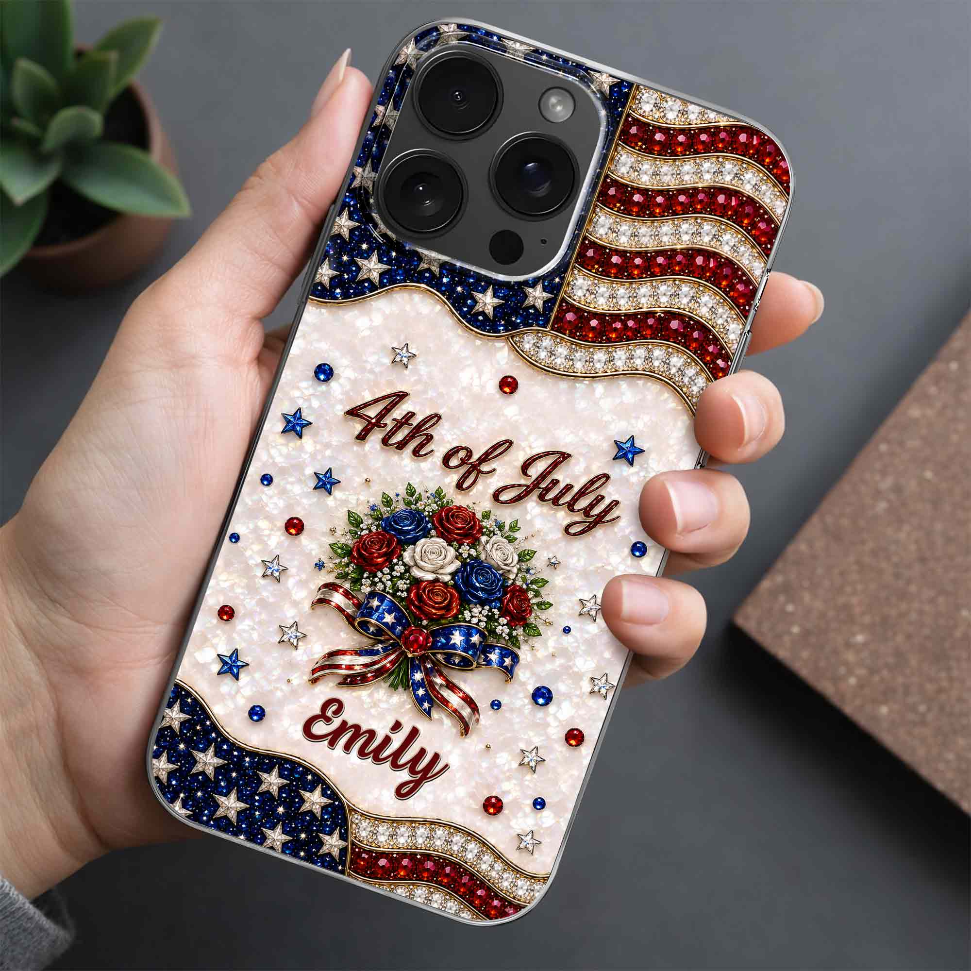Personalized 4th of July Clear Phone Case with Name - Patriotic Flowers Gift Clear Phone Case GradoCreations