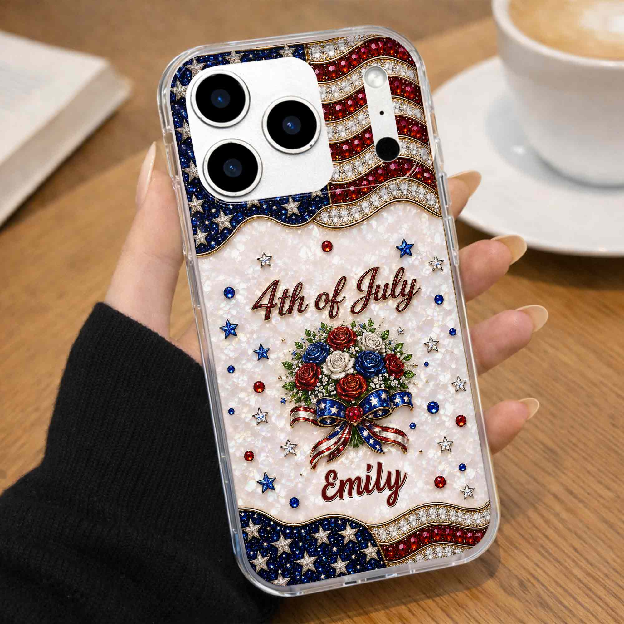Personalized 4th of July Clear Phone Case with Name - Patriotic Flowers Gift Clear Phone Case GradoCreations