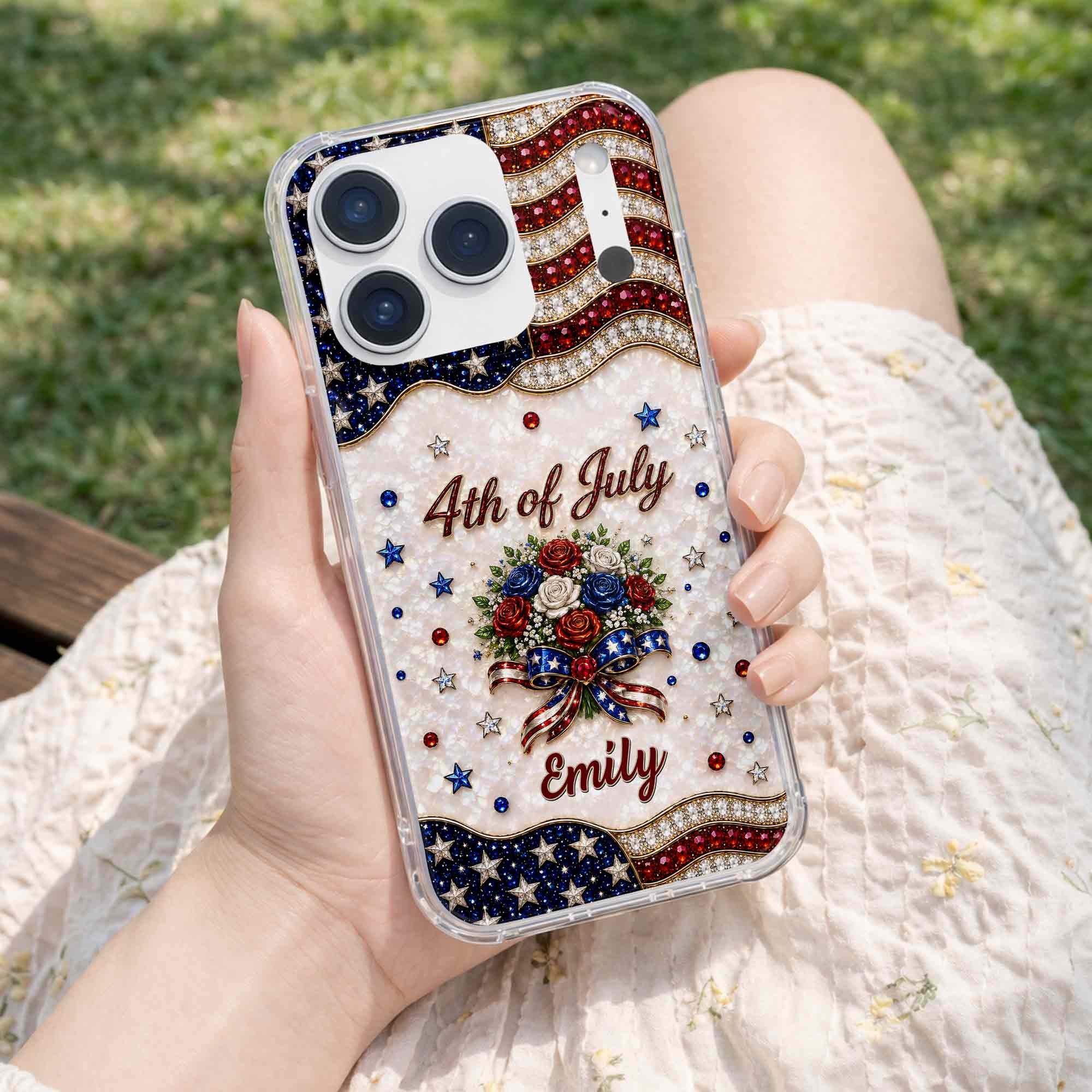 Personalized 4th of July Clear Phone Case with Name - Patriotic Flowers Gift Clear Phone Case GradoCreations