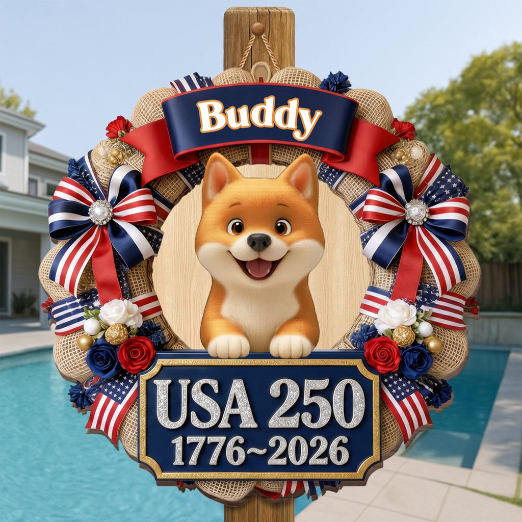 Personalized Dog Wreath Wall Sign Custom Name USA Flag Gift Wood Sign GradoCreations