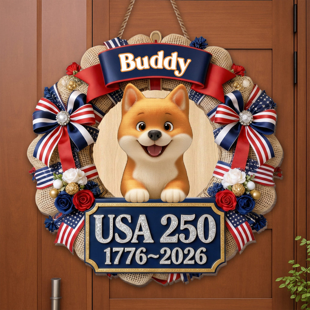 Personalized Dog Wreath Wall Sign Custom Name USA Flag Gift Wood Sign GradoCreations