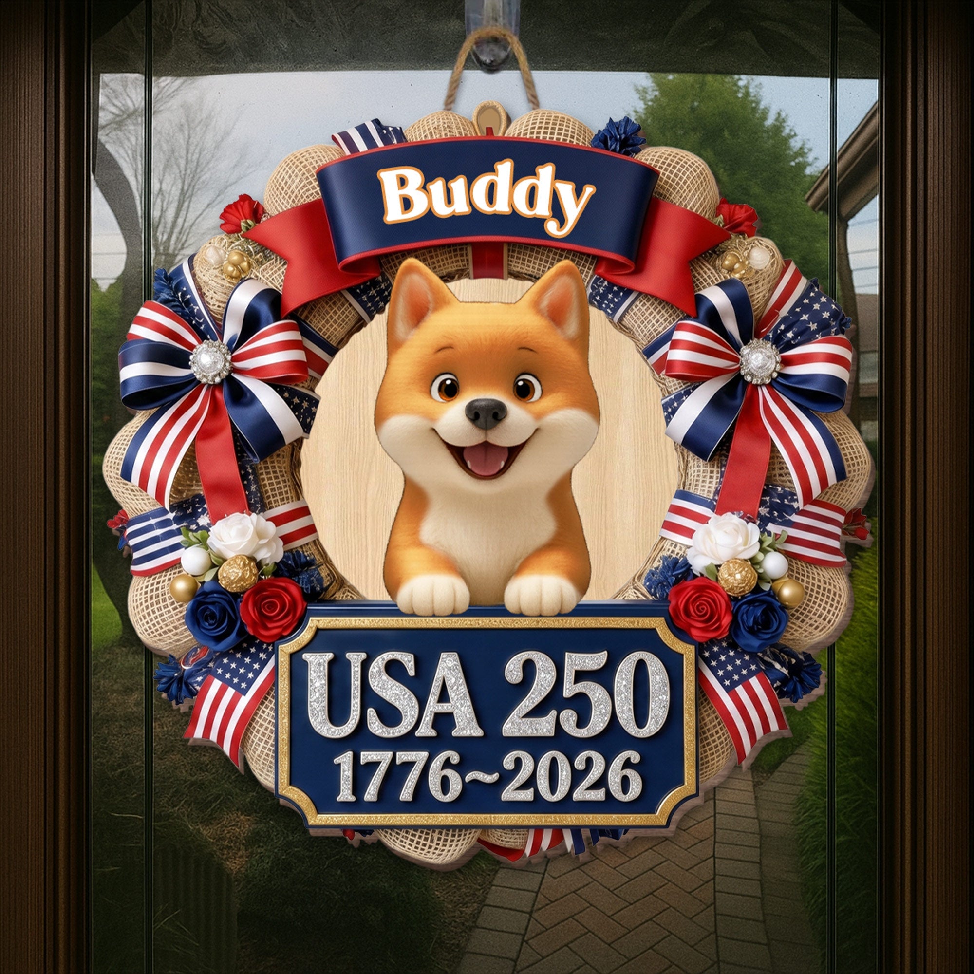 Personalized Dog Wreath Wall Sign Custom Name USA Flag Gift