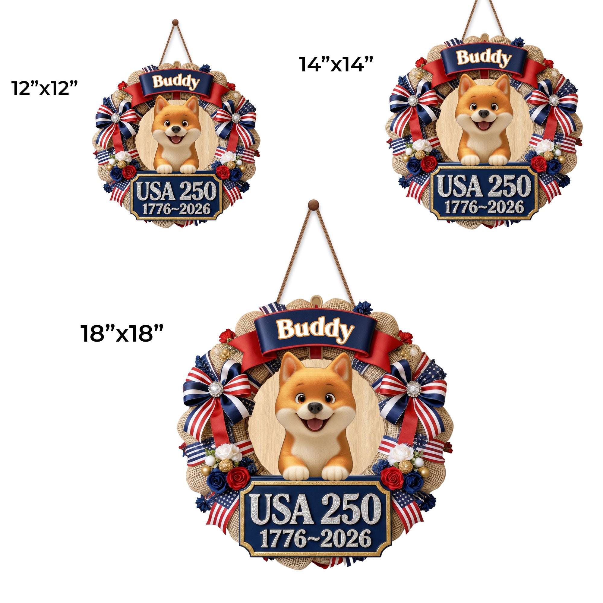 Personalized Dog Wreath Wall Sign Custom Name USA Flag Gift Wood Sign GradoCreations