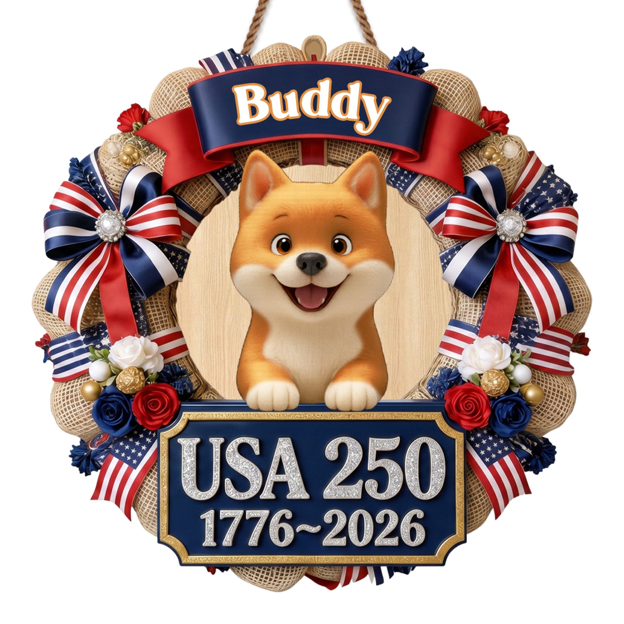 Personalized Dog Wreath Wall Sign Custom Name USA Flag Gift Wood Sign GradoCreations
