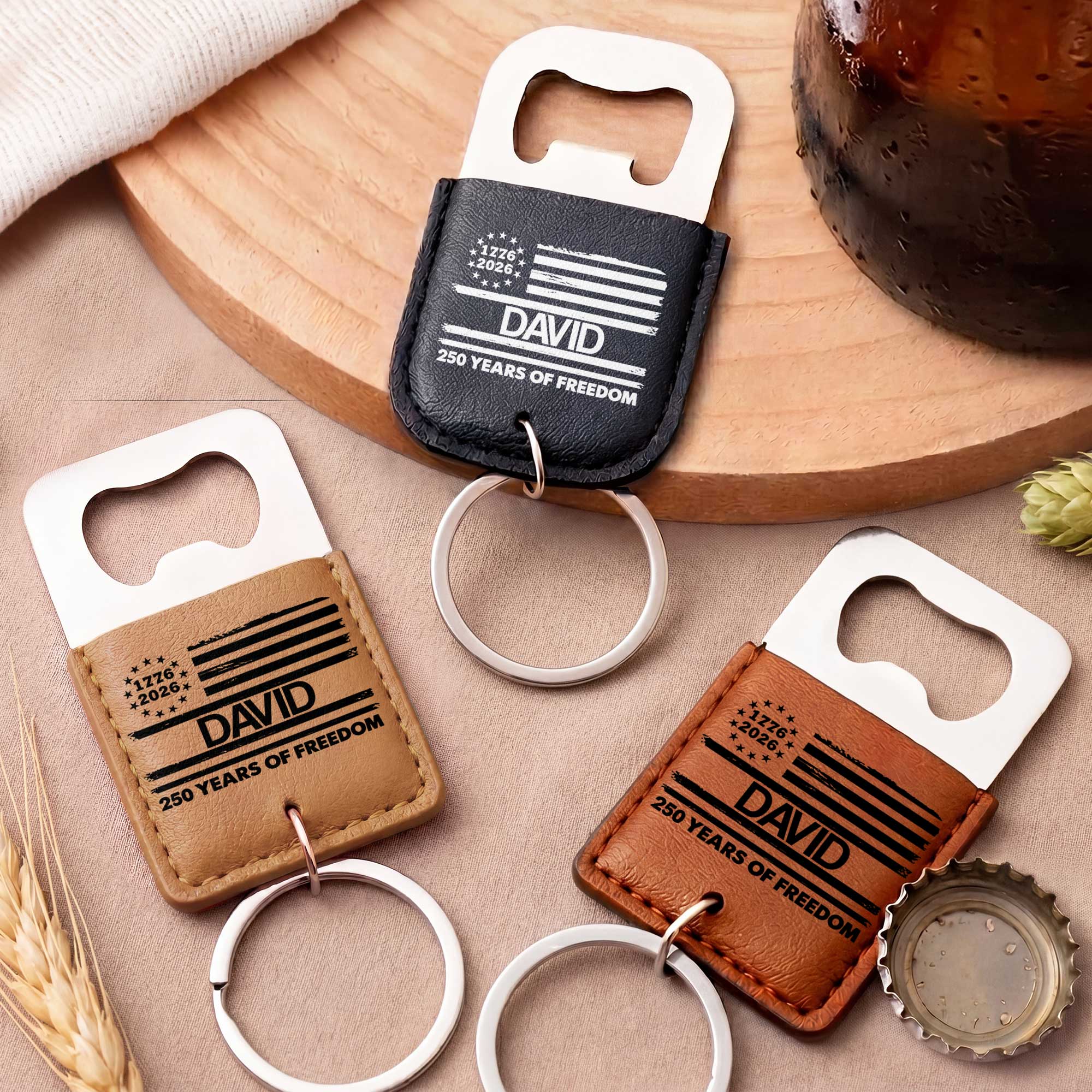 Personalized Leather Bottle Opener Keychain American Flag Gift for Dad Leather Bottle Opener Keychain GradoCreations