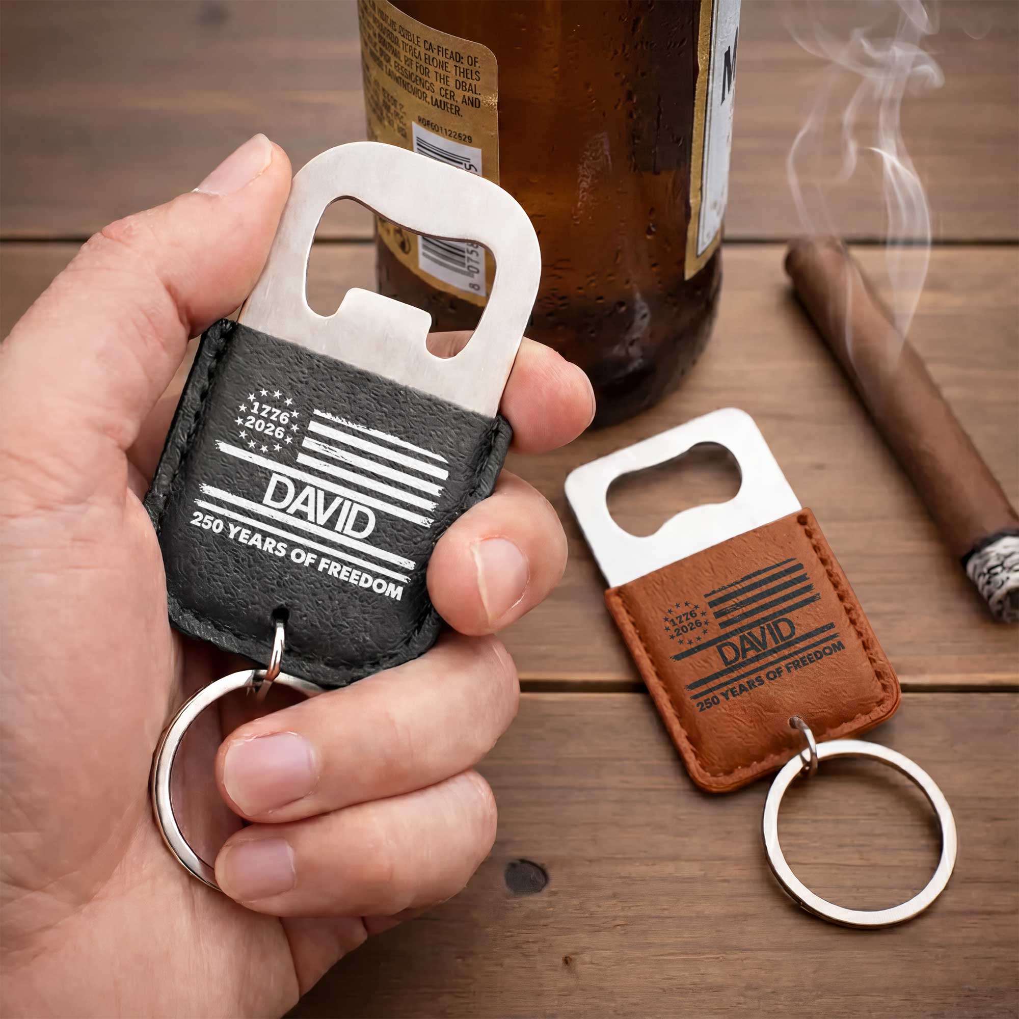 Personalized Leather Bottle Opener Keychain American Flag Gift for Dad Leather Bottle Opener Keychain GradoCreations