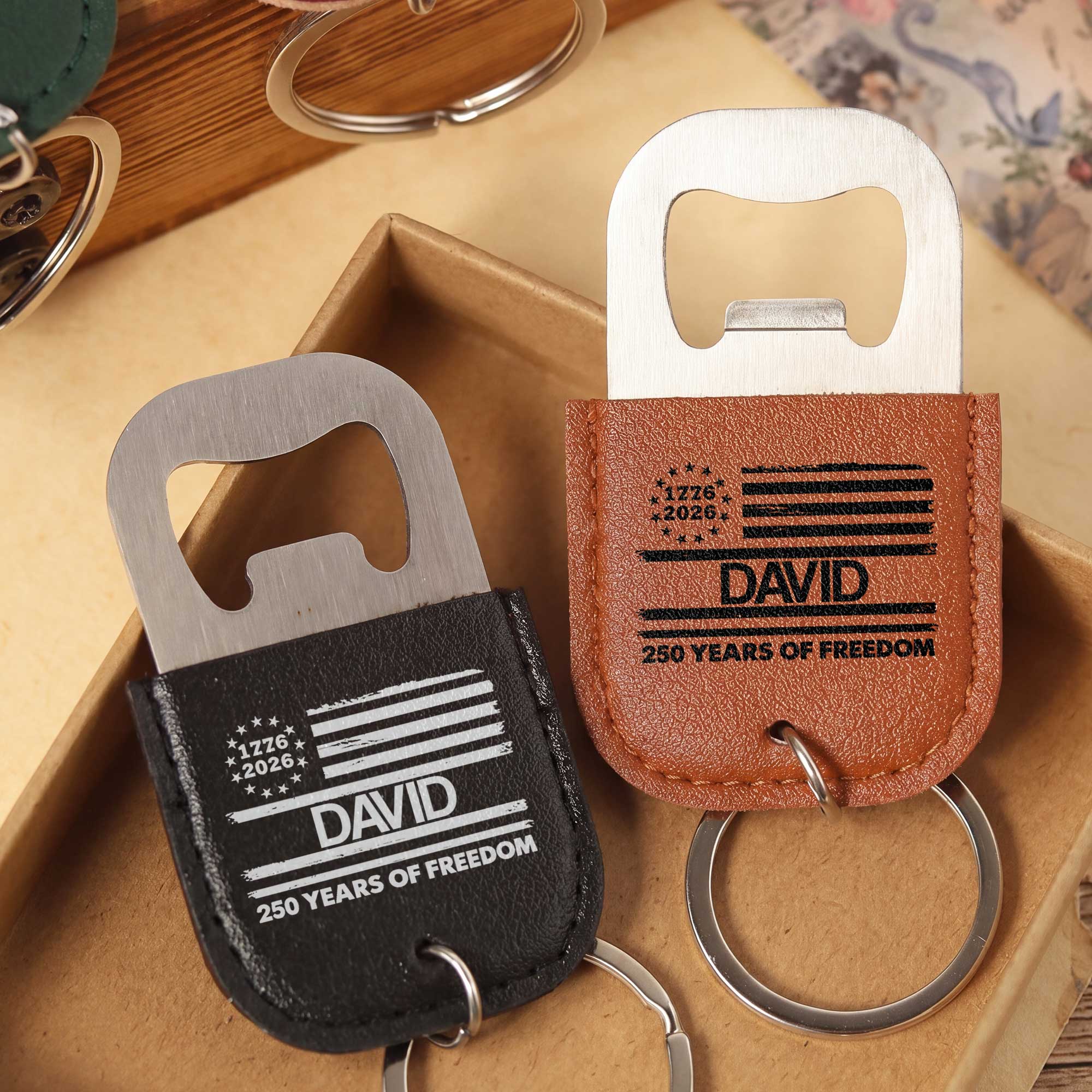 Personalized Leather Bottle Opener Keychain American Flag Gift for Dad Leather Bottle Opener Keychain GradoCreations