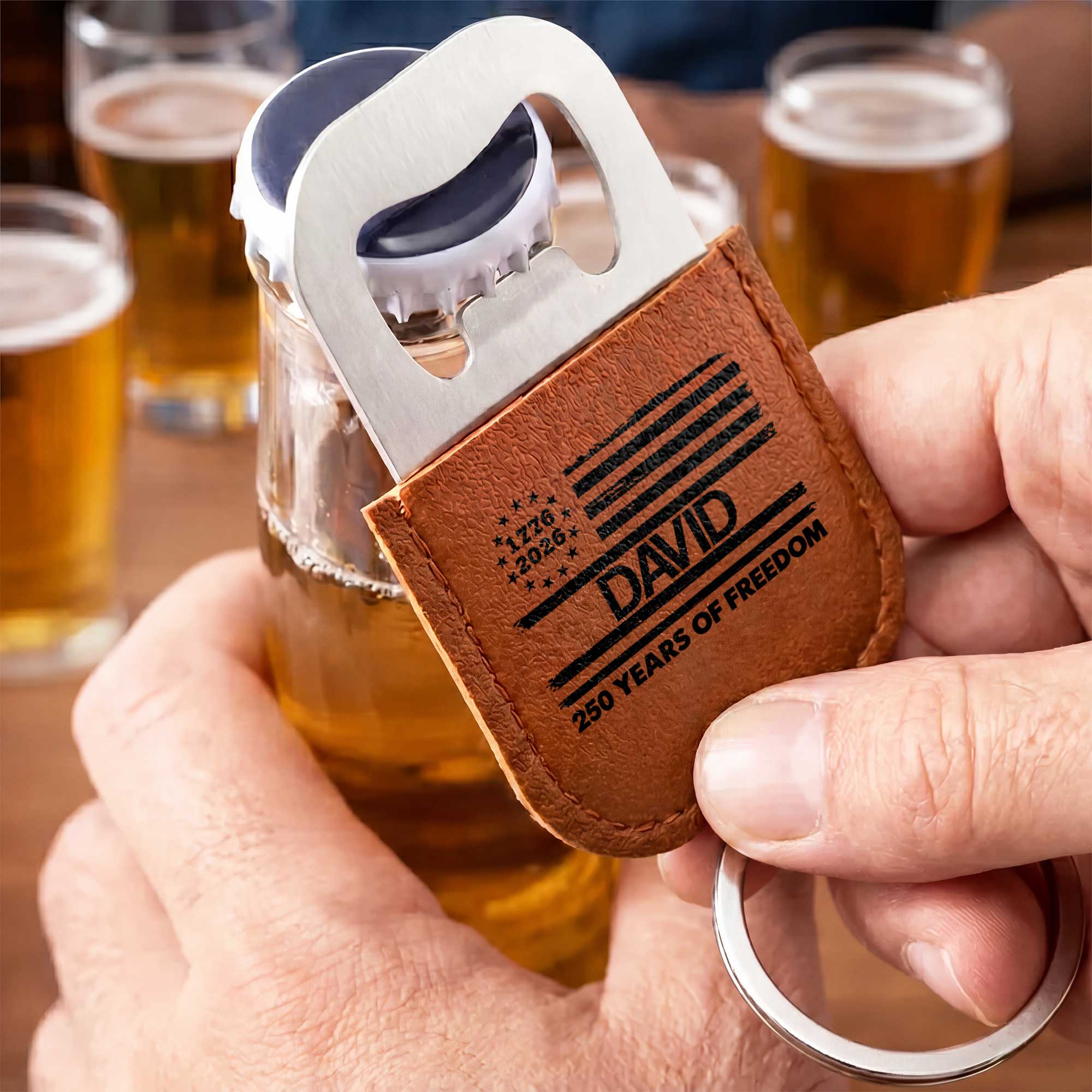 Personalized Leather Bottle Opener Keychain American Flag Gift for Dad Leather Bottle Opener Keychain GradoCreations