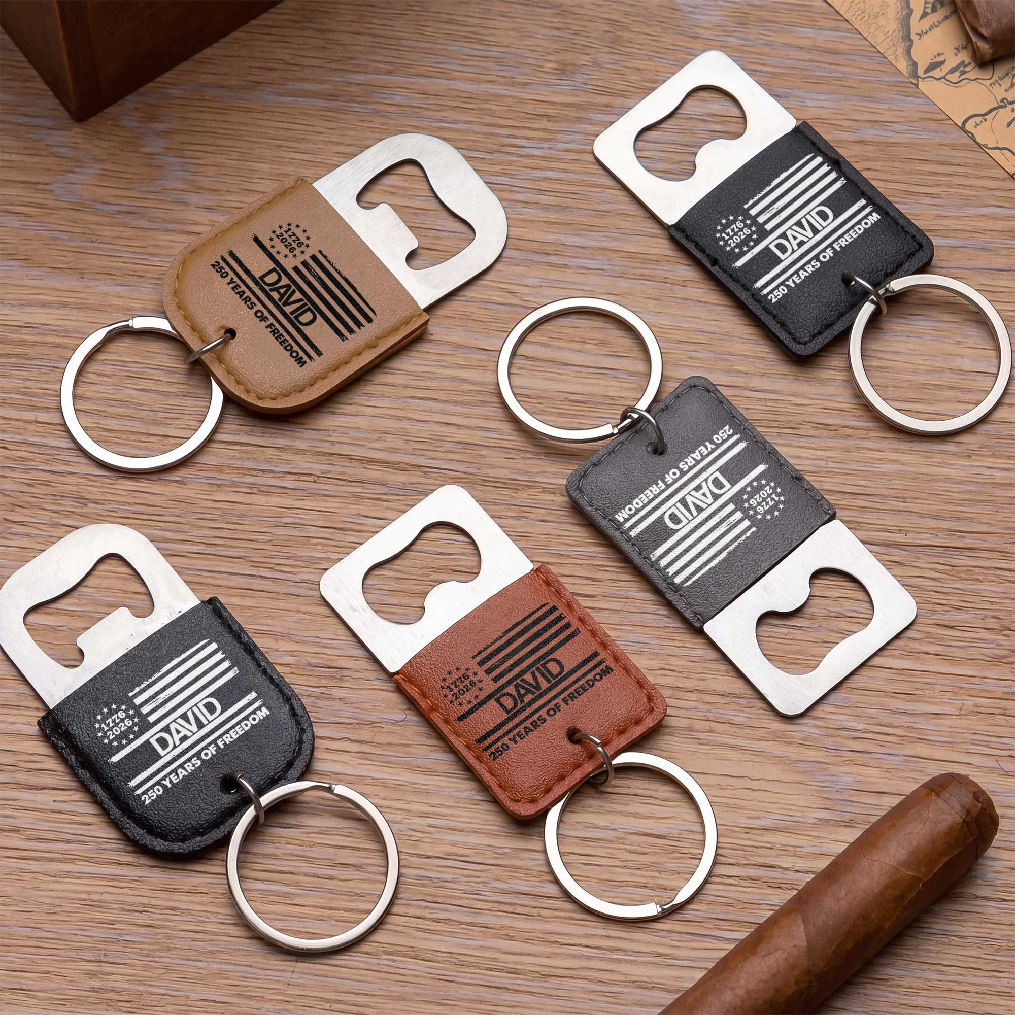 Personalized Leather Bottle Opener Keychain American Flag Gift for Dad Leather Bottle Opener Keychain GradoCreations