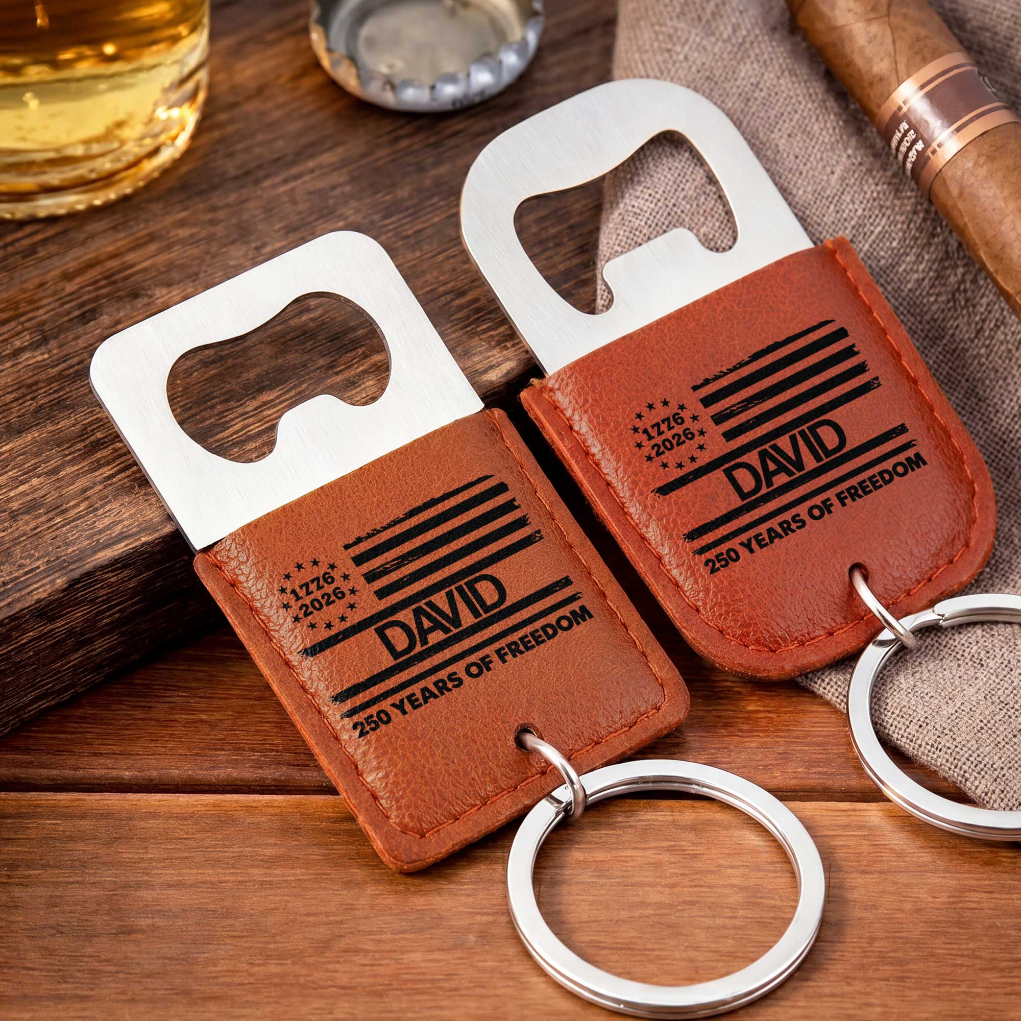 Personalized Leather Bottle Opener Keychain American Flag Gift for Dad Leather Bottle Opener Keychain GradoCreations