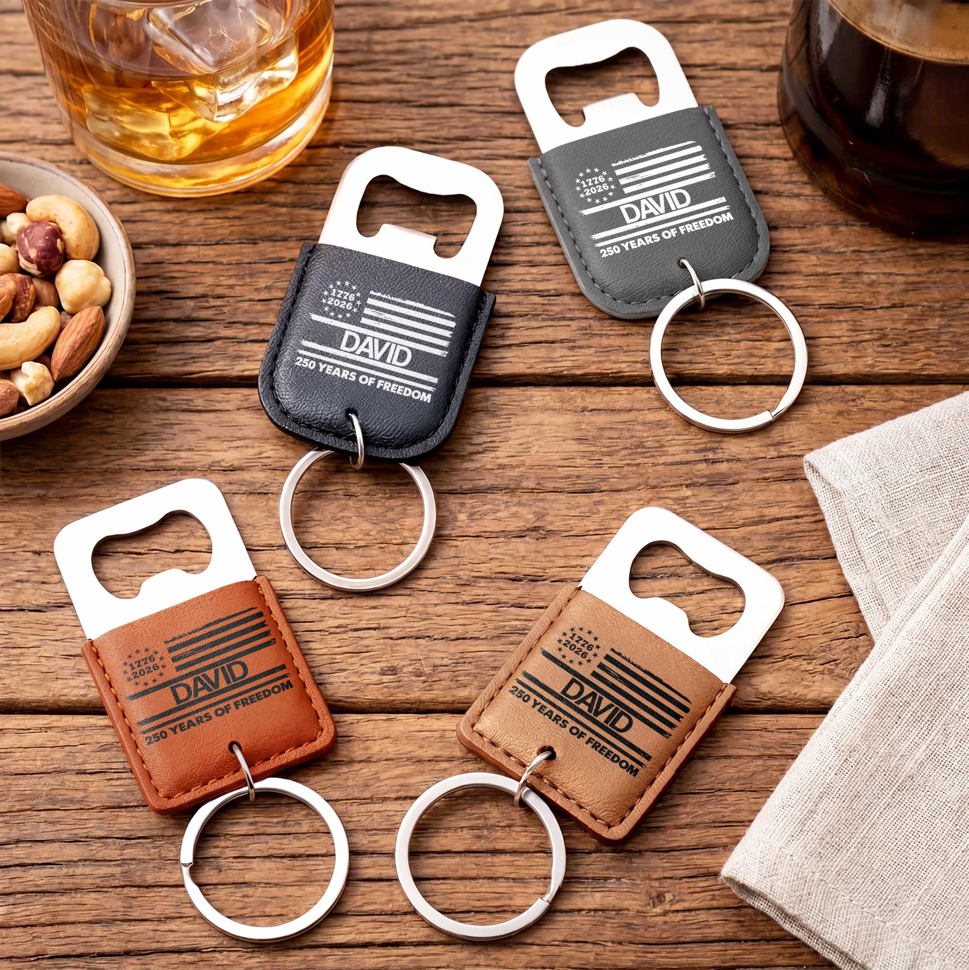 Personalized Leather Bottle Opener Keychain American Flag Gift for Dad Leather Bottle Opener Keychain GradoCreations
