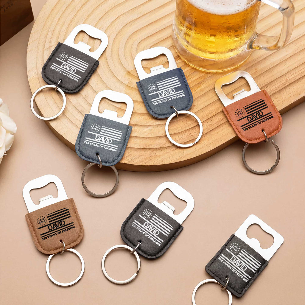 Personalized Leather Bottle Opener Keychain American Flag Gift for Dad Leather Bottle Opener Keychain GradoCreations