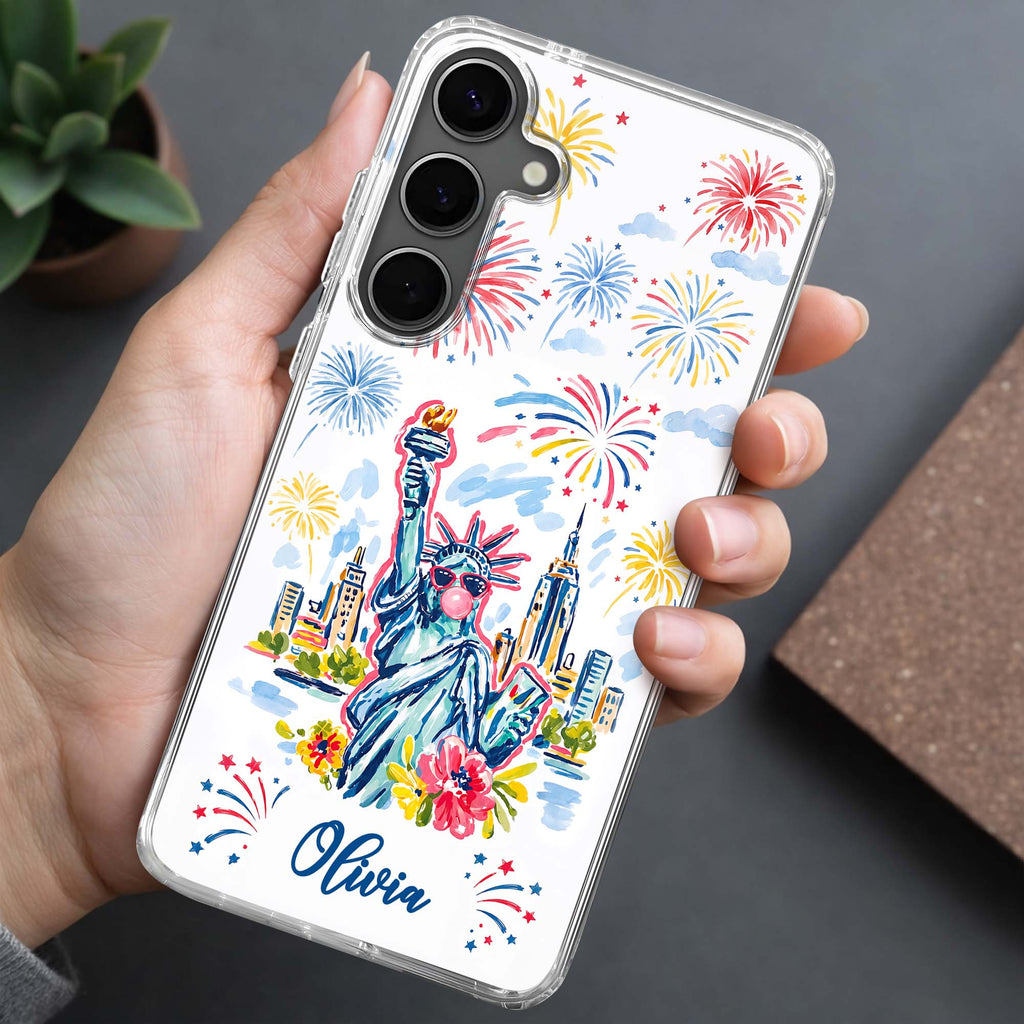 Personalized Clear Phone Case Independence Day Gift with Fireworks Clear Phone Case GradoCreations