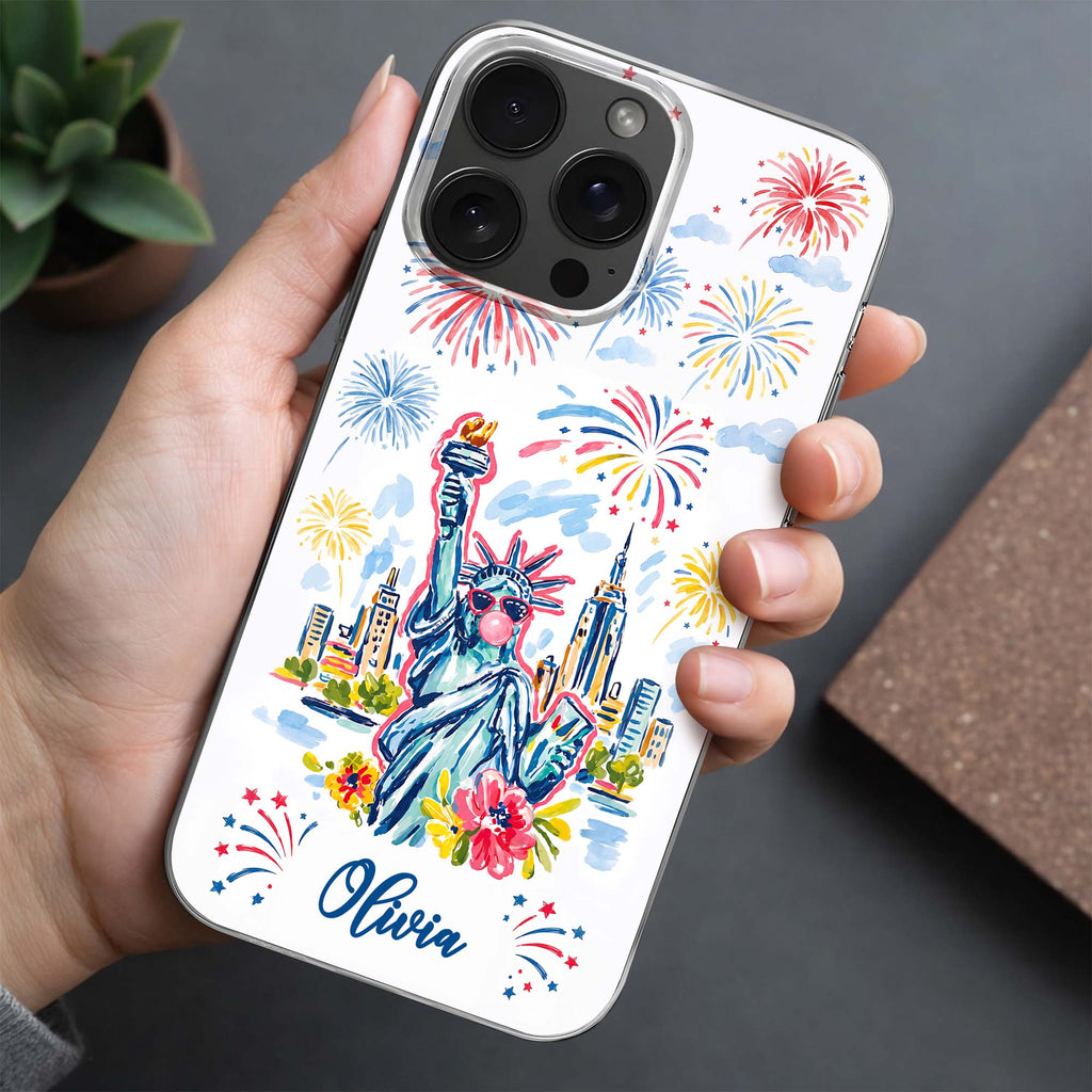Personalized Clear Phone Case Independence Day Gift with Fireworks Clear Phone Case GradoCreations