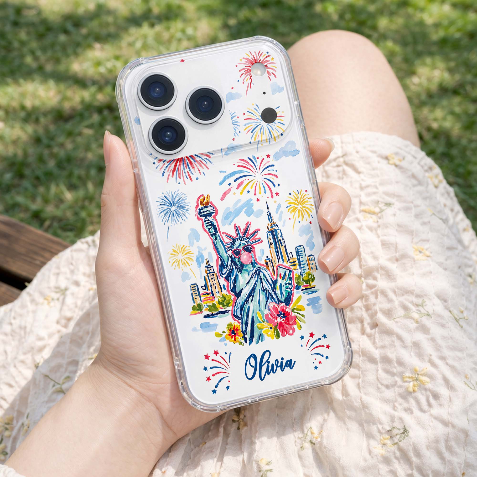 Personalized Clear Phone Case Independence Day Gift with Fireworks Clear Phone Case GradoCreations