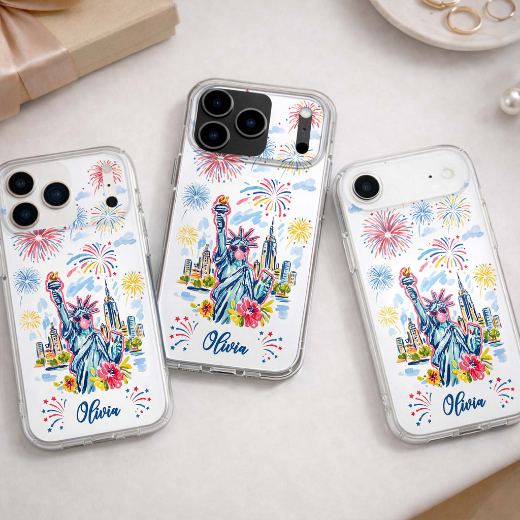 Personalized Clear Phone Case Independence Day Gift with Fireworks Clear Phone Case GradoCreations