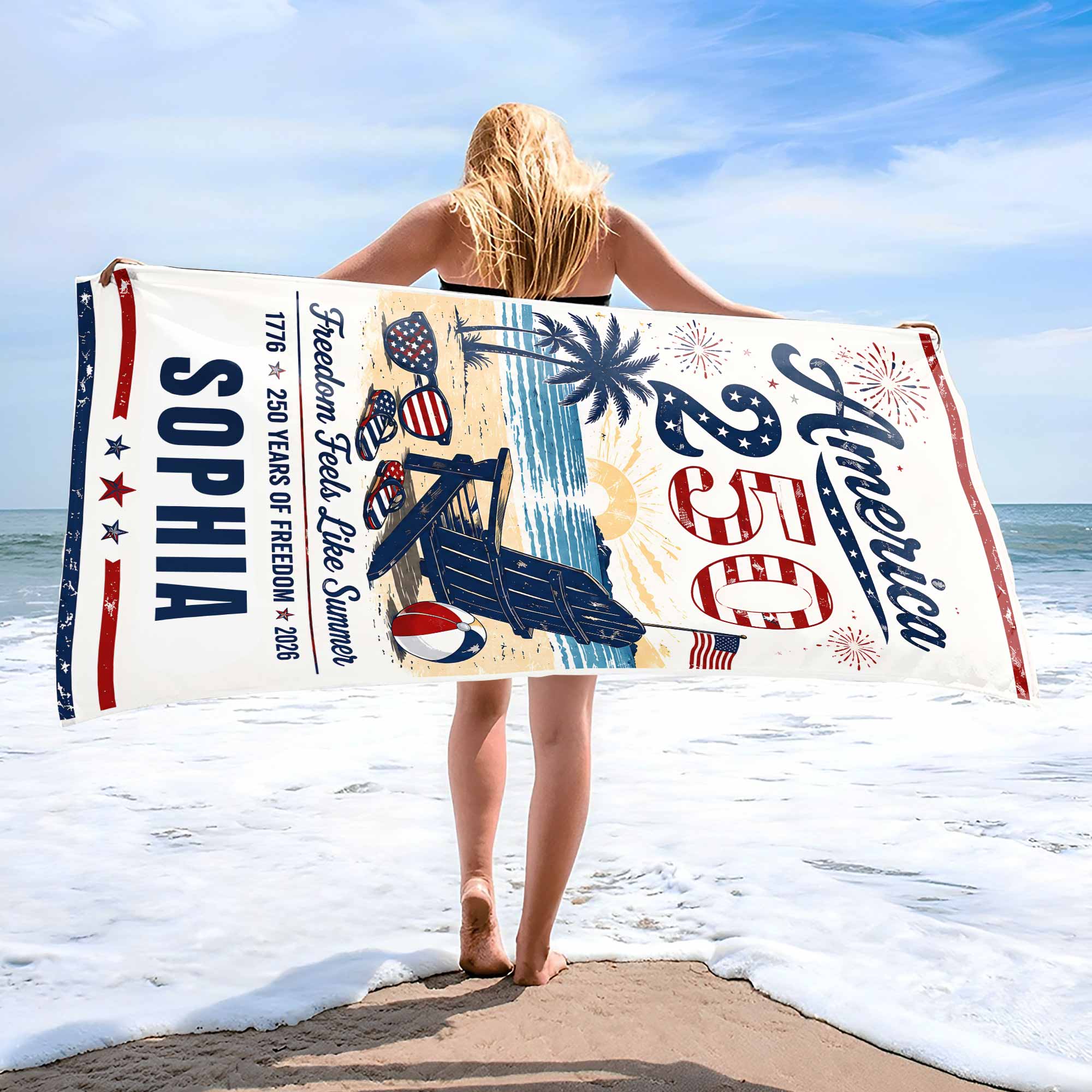 Personalized Microfiber Beach Towel USA Flag Custom Name Gift Beach Towels GradoCreations
