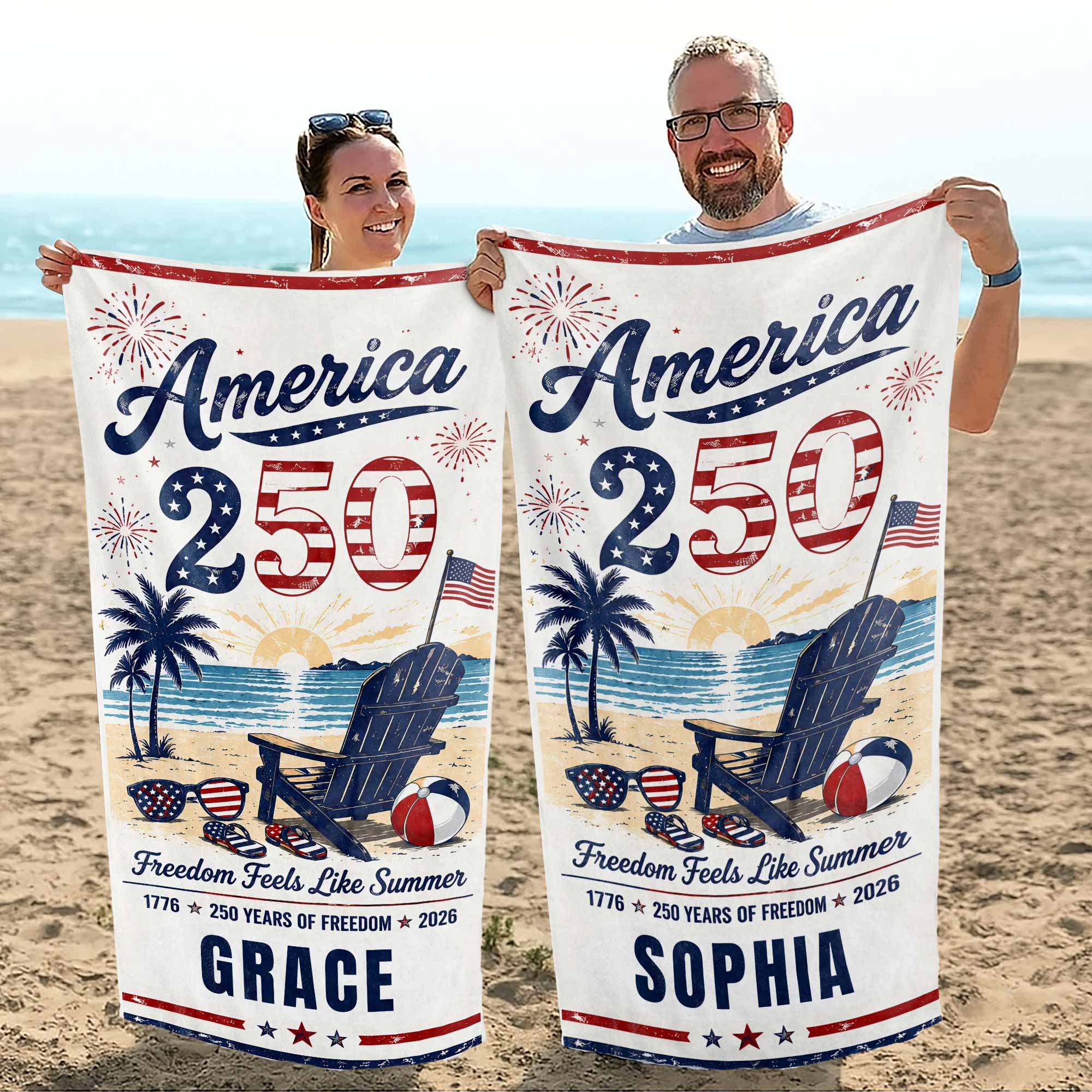 Personalized Microfiber Beach Towel USA Flag Custom Name Gift Beach Towels GradoCreations
