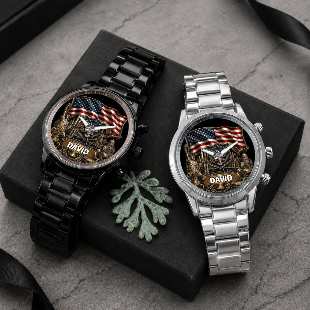 Personalized American Flag Men's Watch Custom Name Gift for Dad Men's Watch GradoCreations