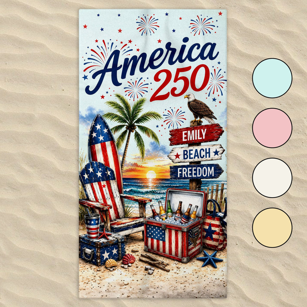 Personalized Beach Towel Custom Name Eagle Fireworks Gift Beach Towels GradoCreations