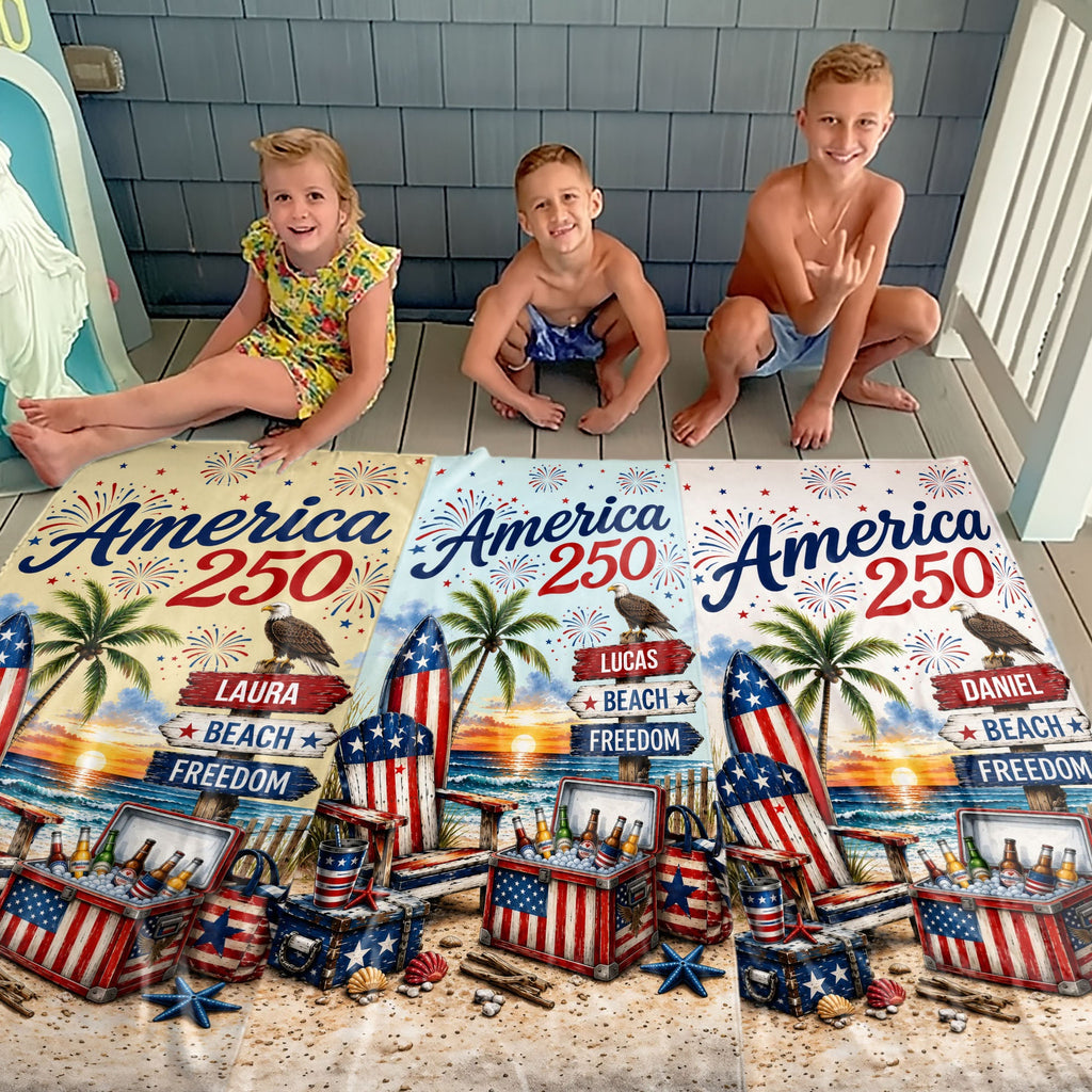 Personalized Beach Towel Custom Name Eagle Fireworks Gift Beach Towels GradoCreations