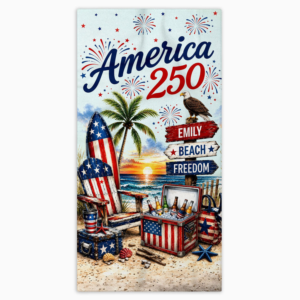 Personalized Beach Towel Custom Name Eagle Fireworks Gift Beach Towels GradoCreations