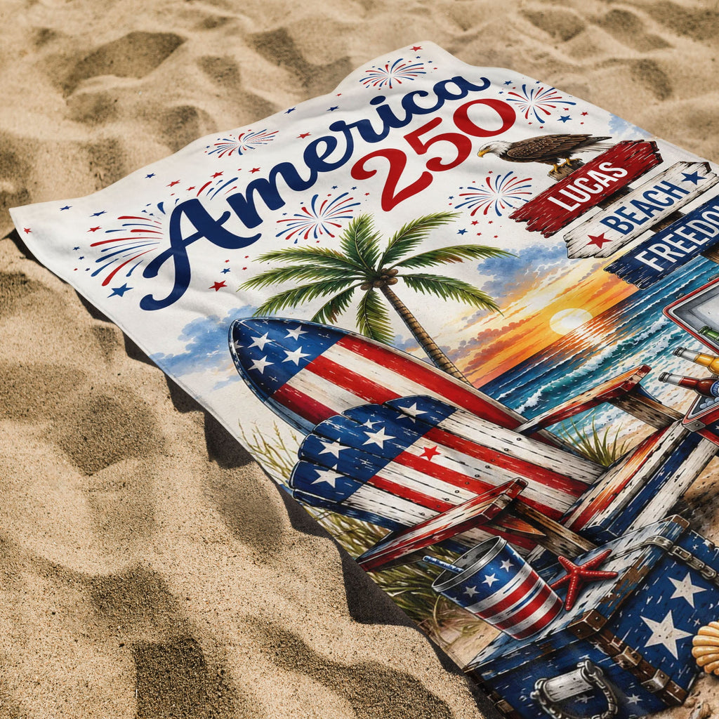 Personalized Beach Towel Custom Name Eagle Fireworks Gift Beach Towels GradoCreations