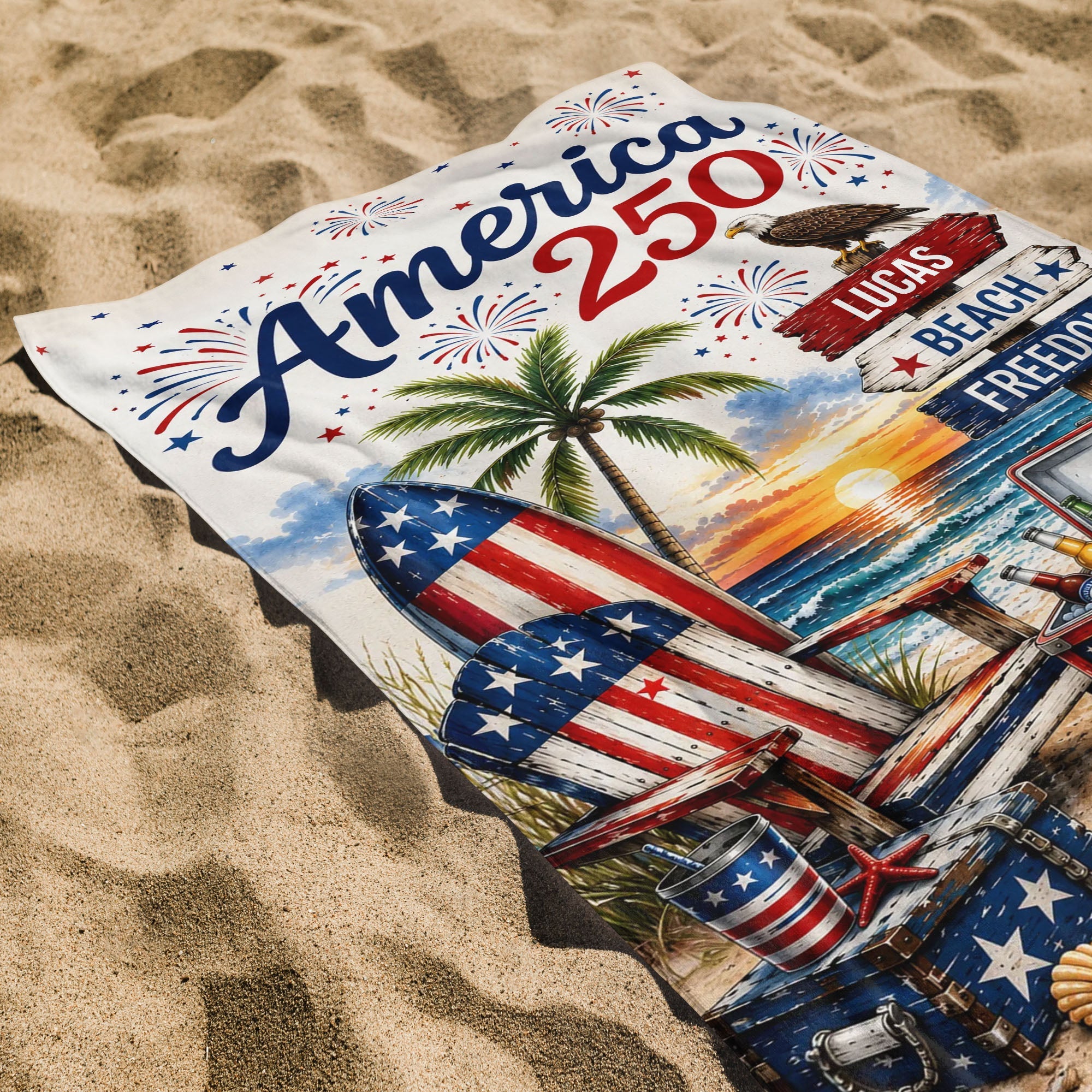 Personalized Beach Towel Custom Name Eagle Fireworks Gift Beach Towels GradoCreations