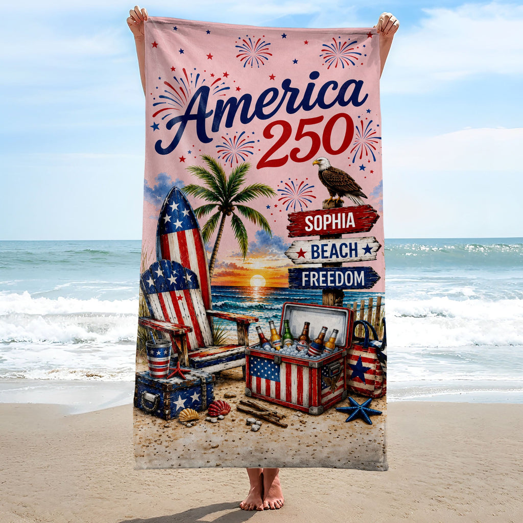 Personalized Beach Towel Custom Name Eagle Fireworks Gift Beach Towels GradoCreations