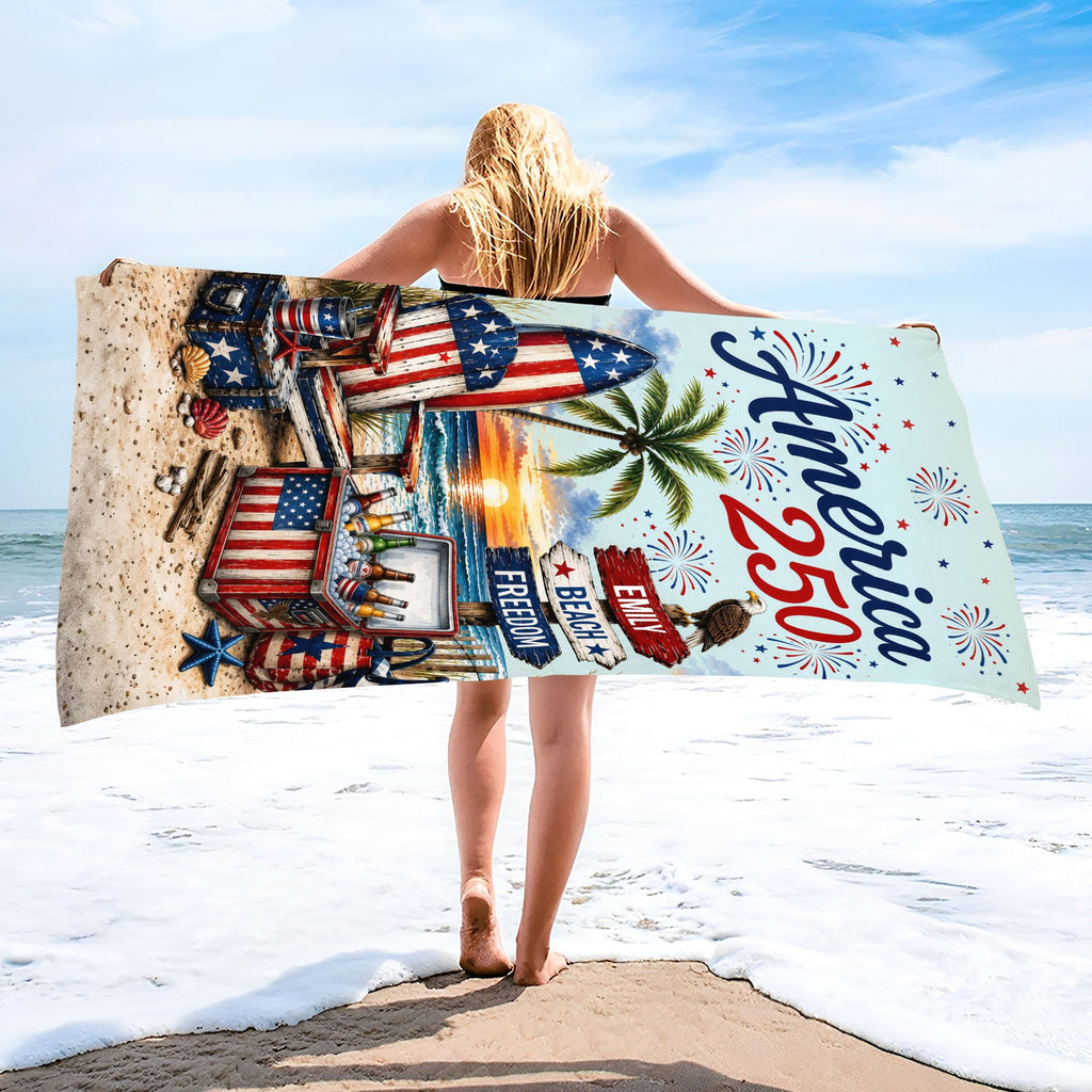 Personalized Beach Towel Custom Name Eagle Fireworks Gift Beach Towels GradoCreations