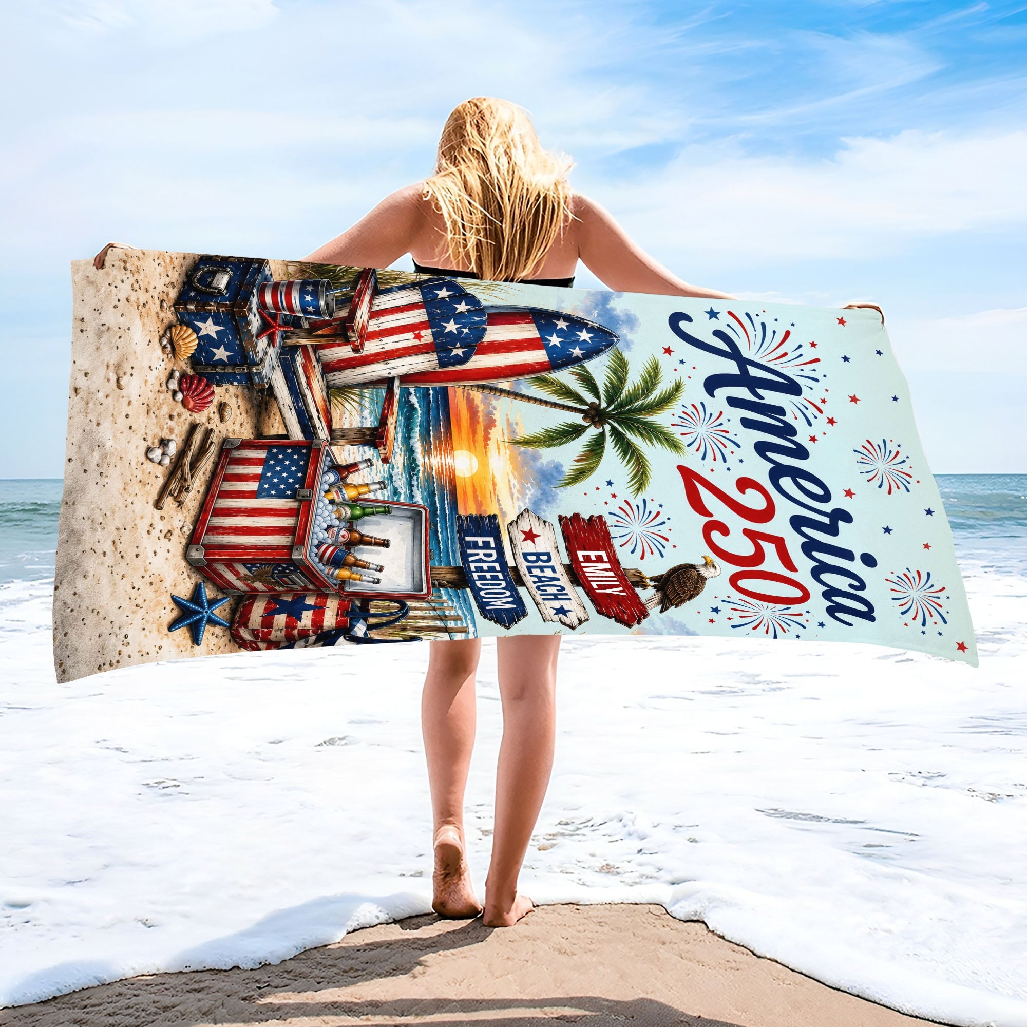 Personalized Beach Towel Custom Name Eagle Fireworks Gift Beach Towels GradoCreations