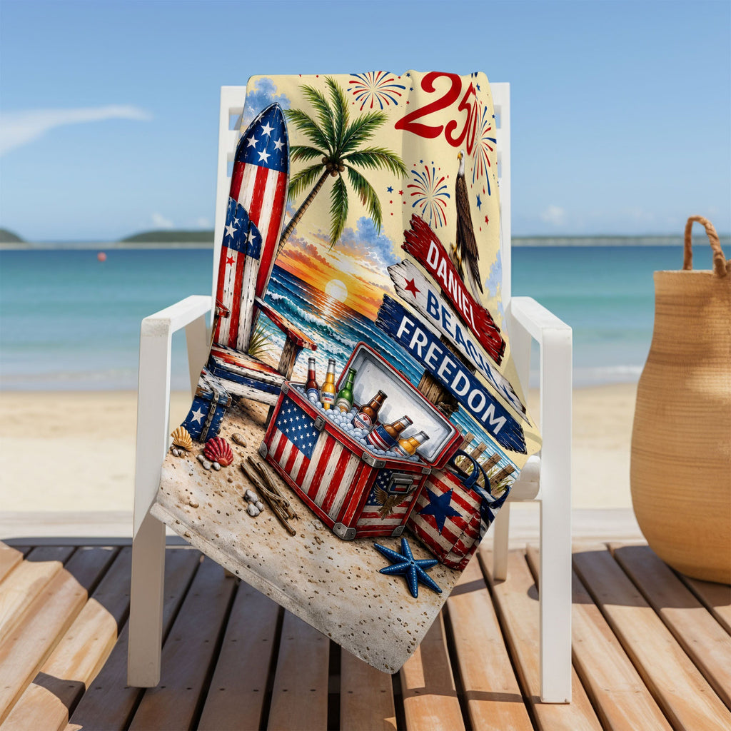 Personalized Beach Towel Custom Name Eagle Fireworks Gift Beach Towels GradoCreations
