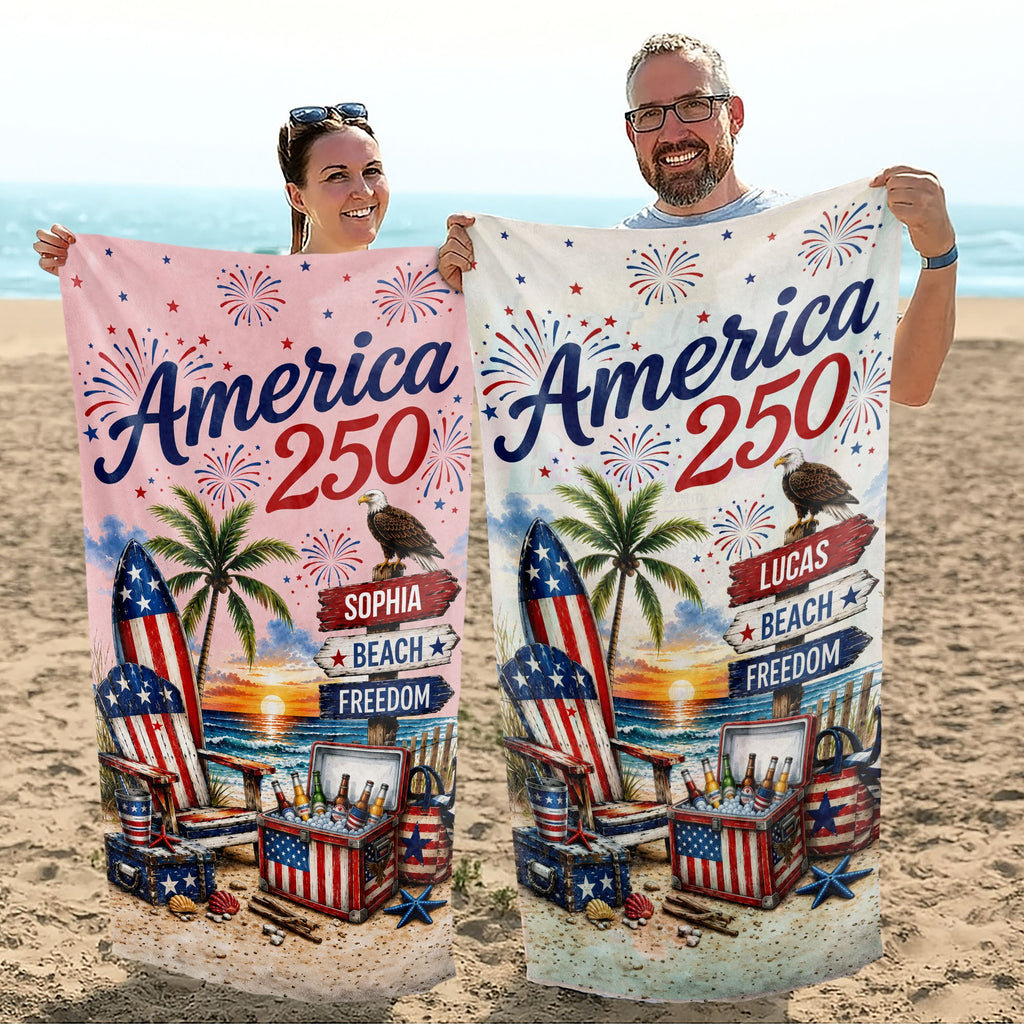 Personalized Beach Towel Custom Name Eagle Fireworks Gift Beach Towels GradoCreations