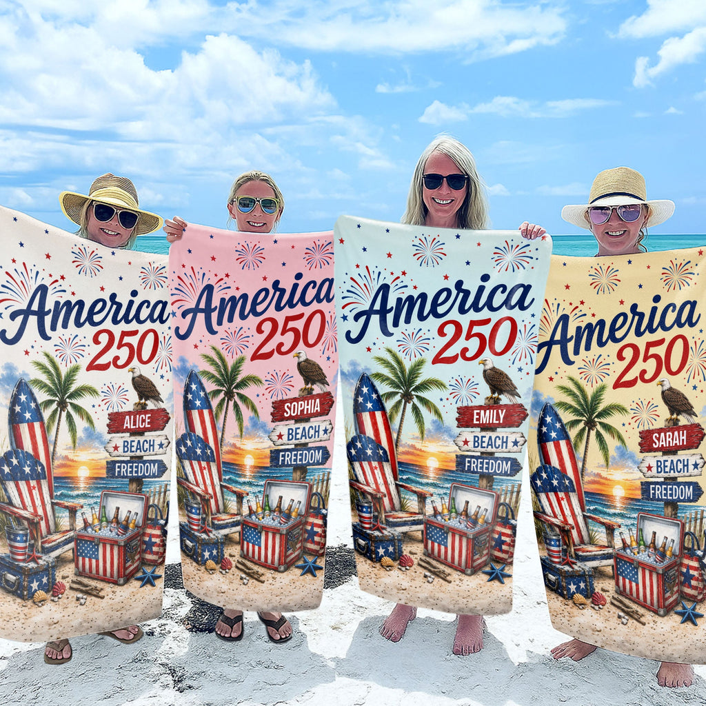Personalized Beach Towel Custom Name Eagle Fireworks Gift Beach Towels GradoCreations