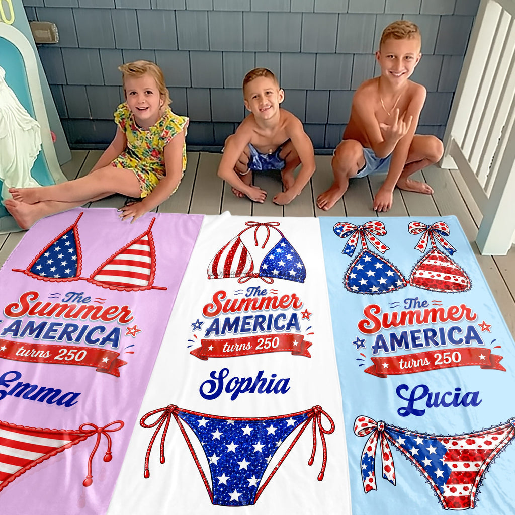 Personalized Microfiber Beach Towel Custom Name Stars Stripes Gift for Independence Day Beach Towels GradoCreations