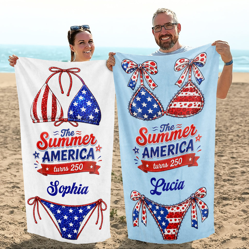 Personalized Microfiber Beach Towel Custom Name Stars Stripes Gift for Independence Day Beach Towels GradoCreations