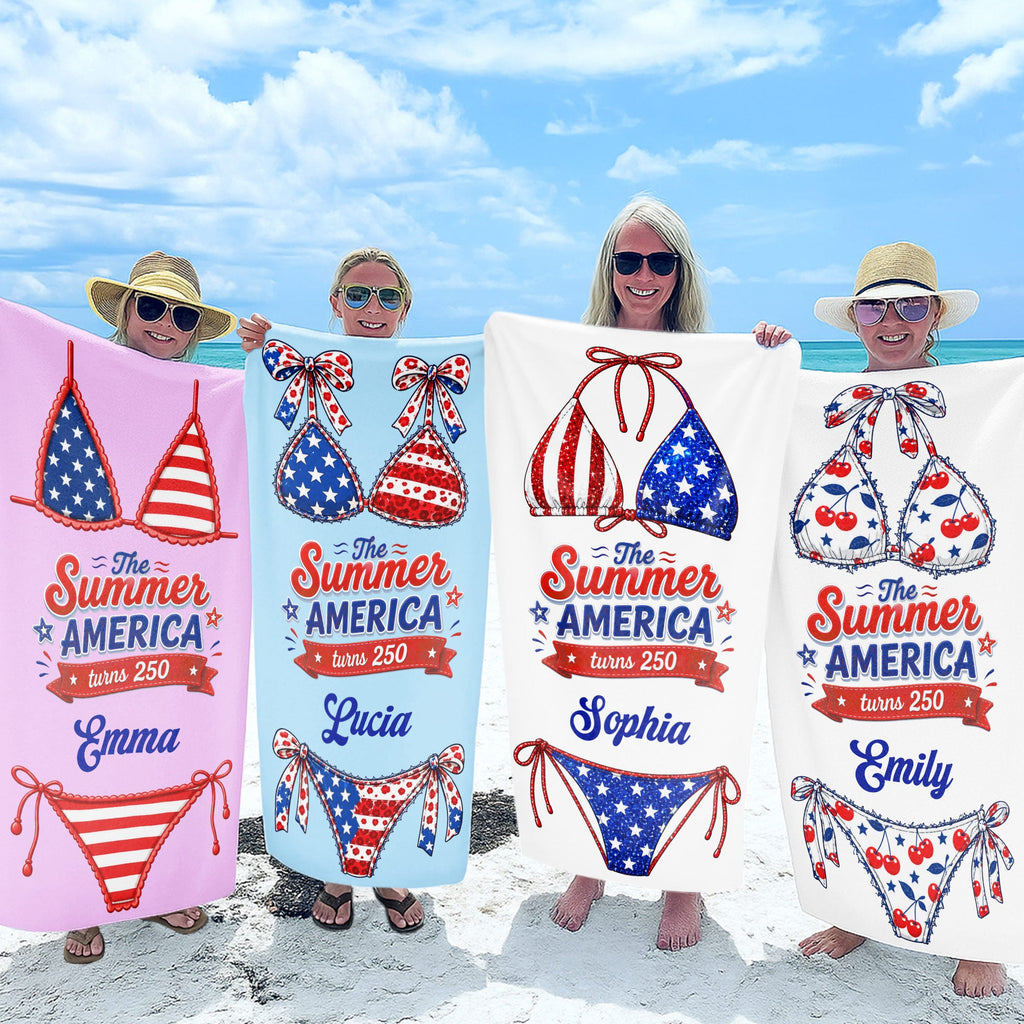 Personalized Microfiber Beach Towel Custom Name Stars Stripes Gift for Independence Day Beach Towels GradoCreations
