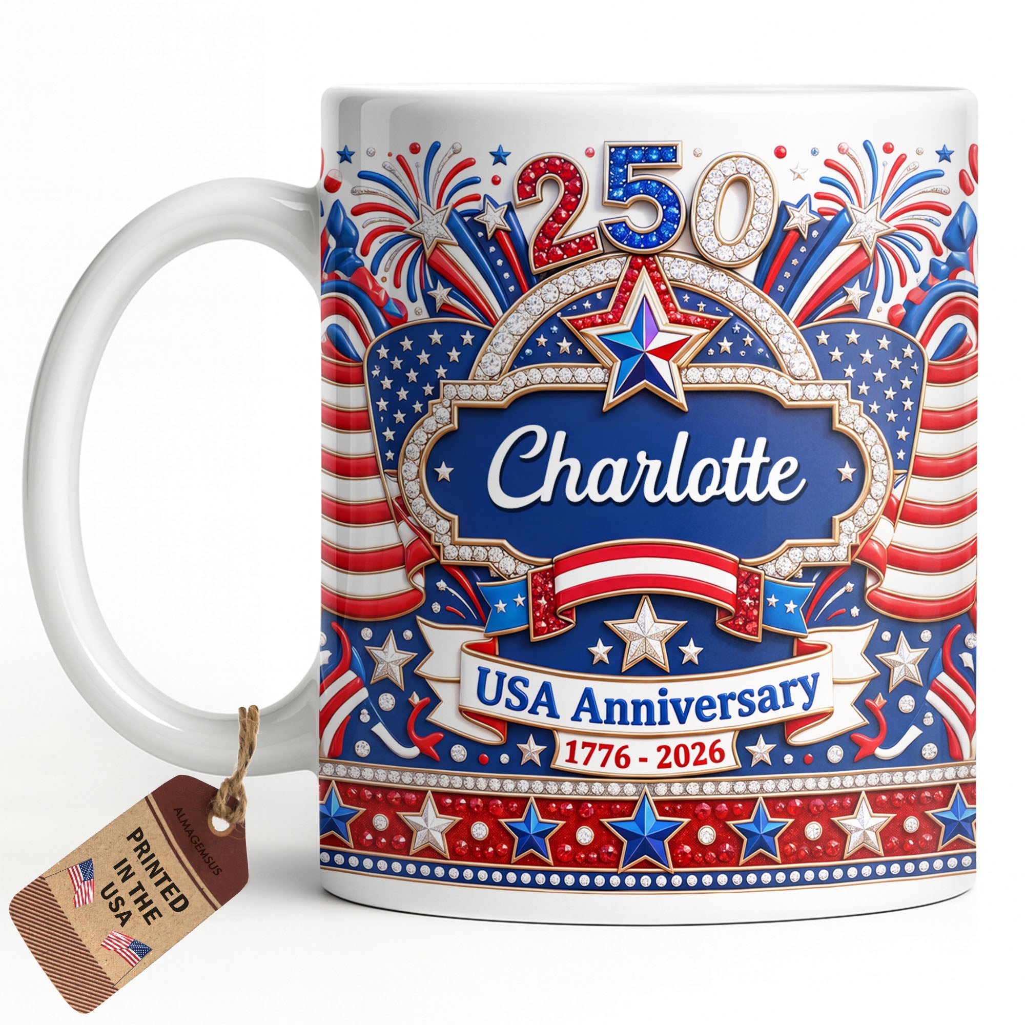 Personalized 3D Rhinestone Coffee Mug Custom Name USA Gift Edge-to-edge Mug GradoCreations