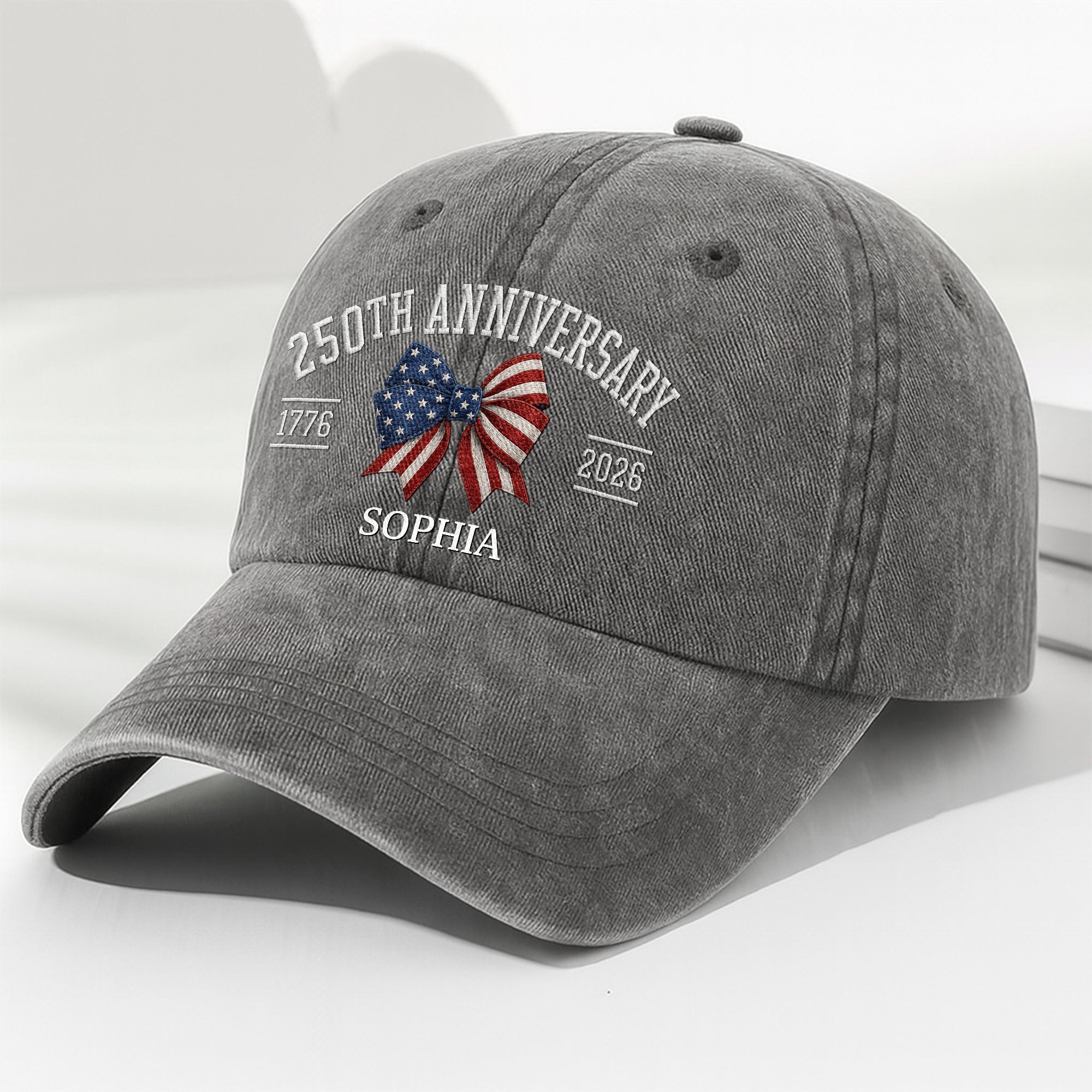 Personalized American Flag Bow Washed Denim Cap for 4th of July Gift Washed Denim Cap GradoCreations