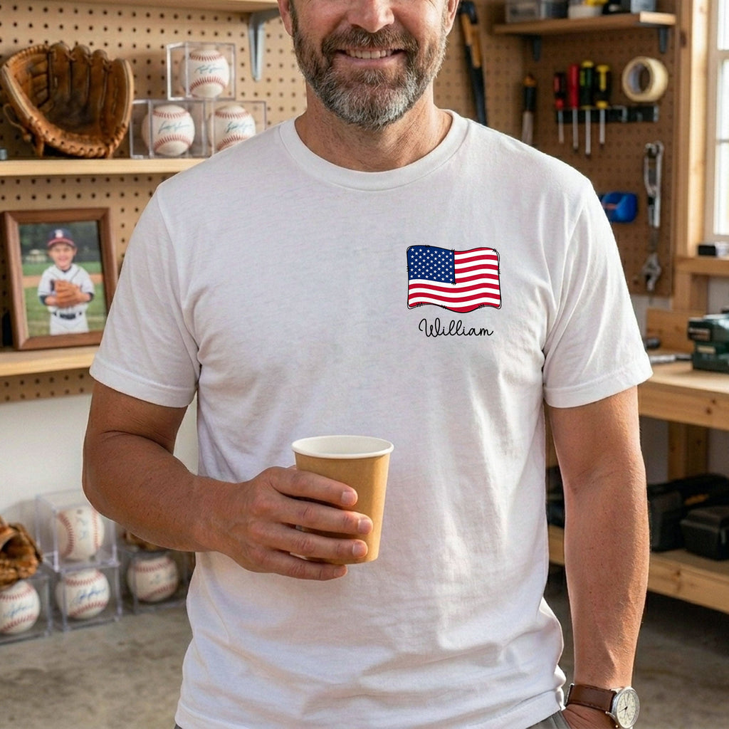 Personalized American Flag T-Shirt Custom Name Gift for Dad T-Shirt Font and Back GradoCreations