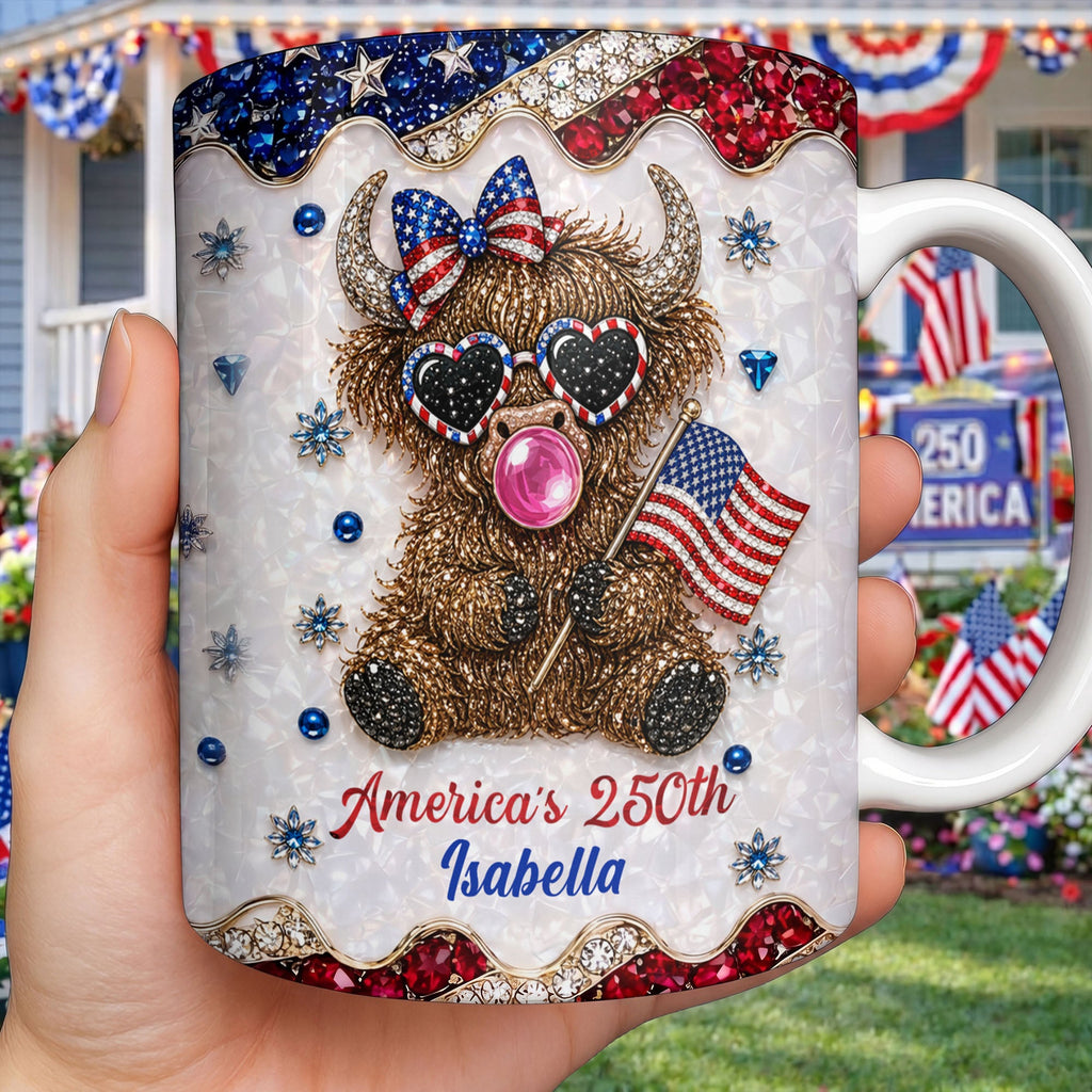 Personalized Highland Cow Mug with American Flag Custom Name Gift for Family Edge-to-edge Mug GradoCreations