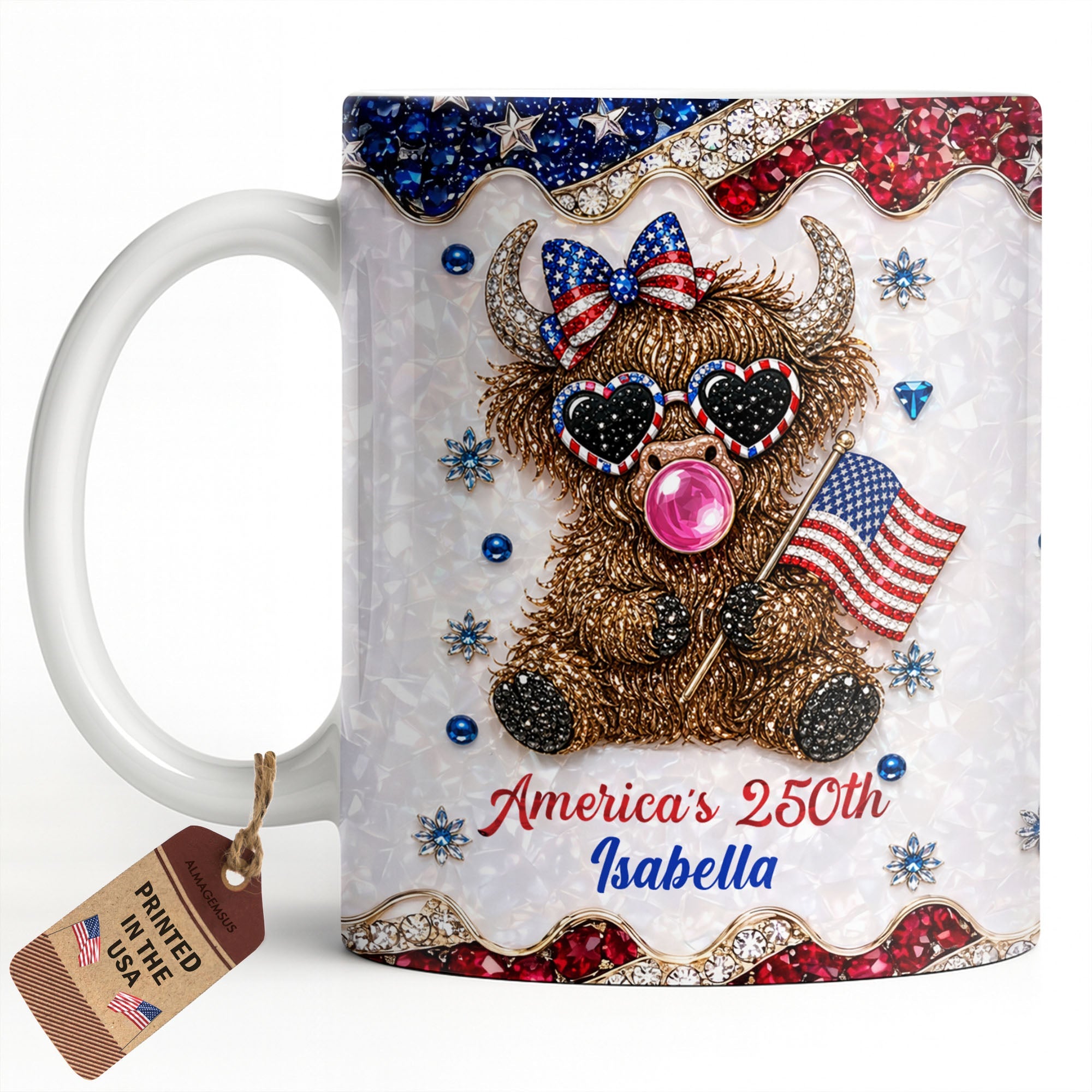 Personalized Highland Cow Mug with American Flag Custom Name Gift for Family Edge-to-edge Mug GradoCreations