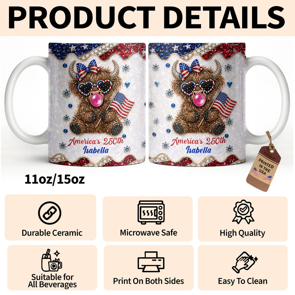 Personalized Highland Cow Mug with American Flag Custom Name Gift for Family Edge-to-edge Mug GradoCreations